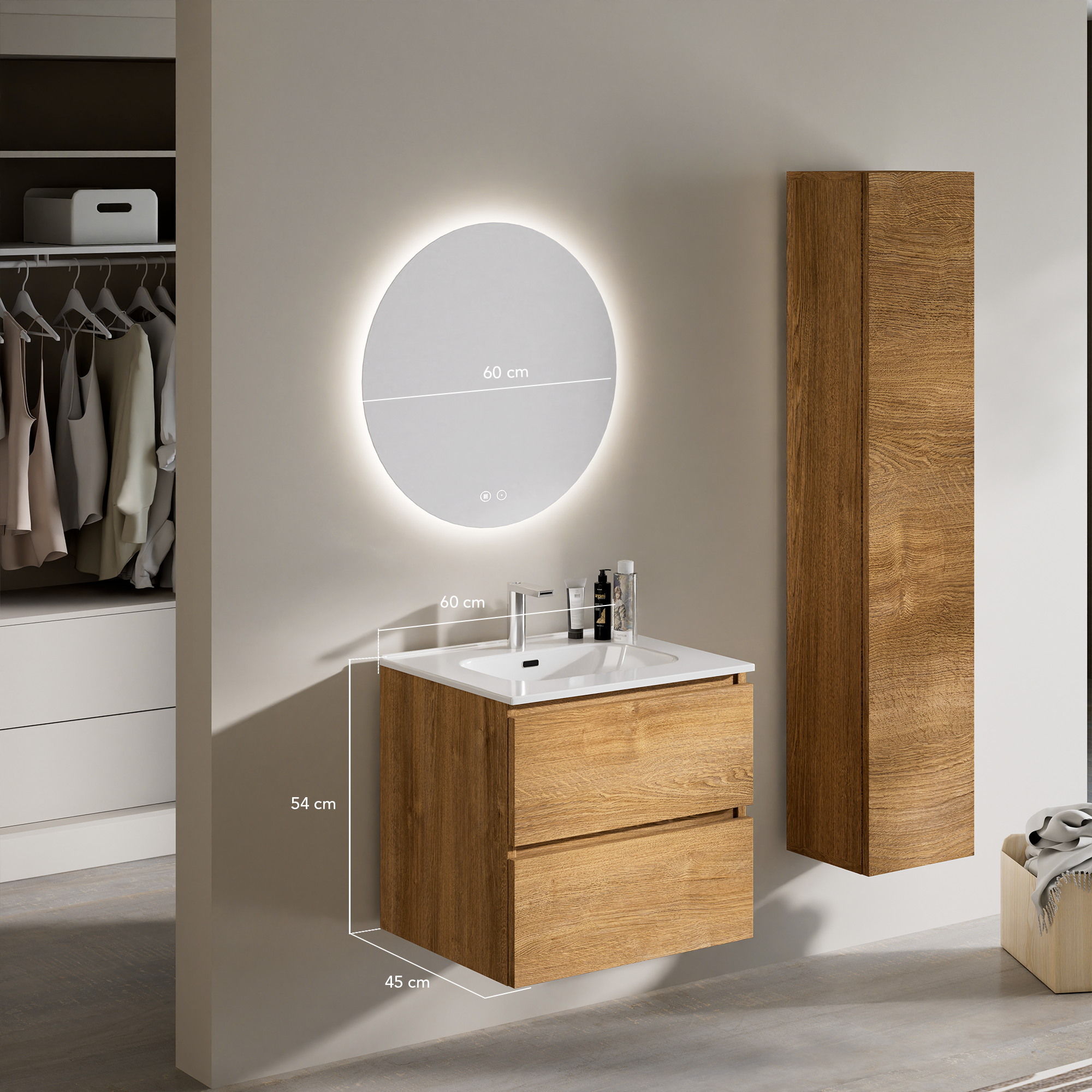 Feel Your Bath, Mueble de Baño PANTER Marrón 60 cm, 2 Cajones, Encimera Cerámica Integrada y Espejo Redondo LED - 3