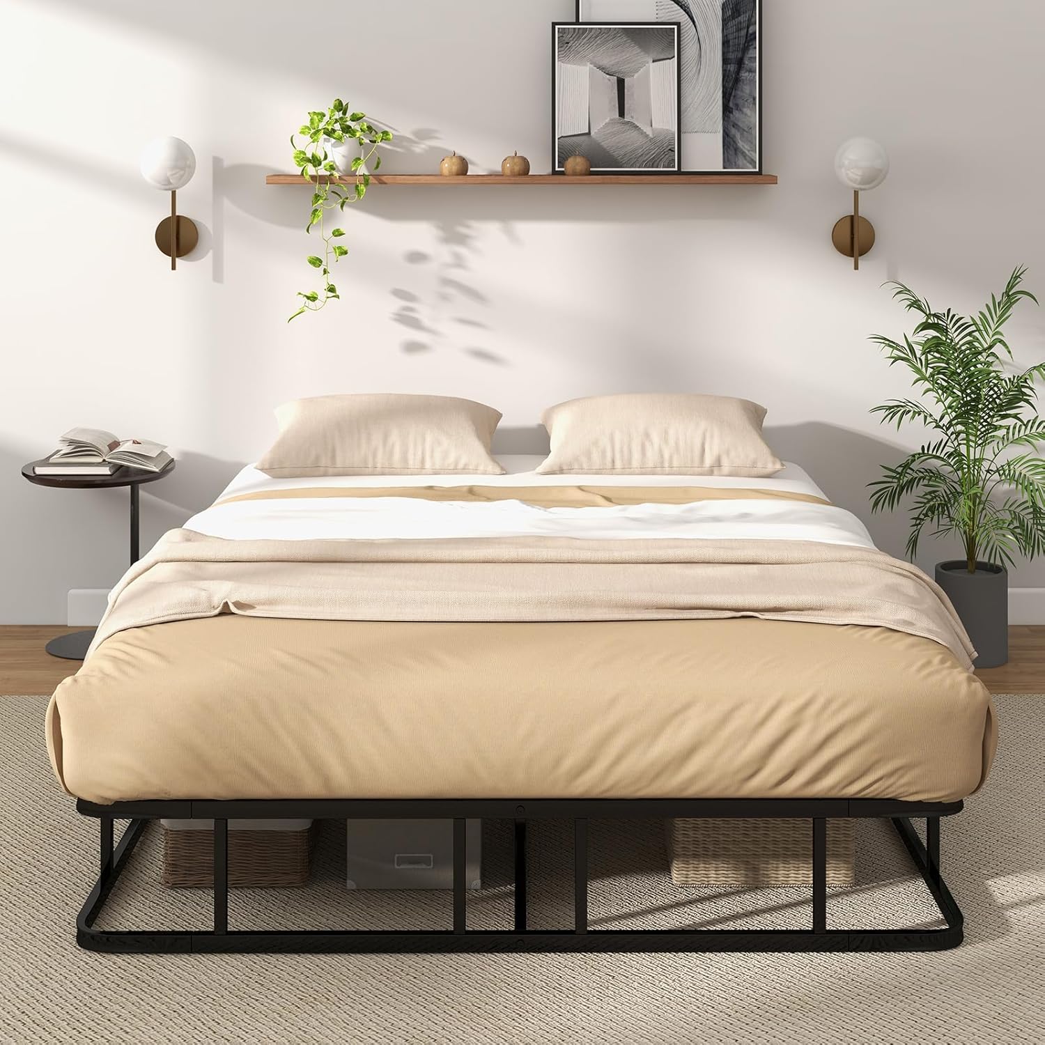 Estrutura de cama de casal 140x200 cm com ripas, cama plataforma de metal tamanho queen para adultos, fácil montagem, carga de 300 kg - 9