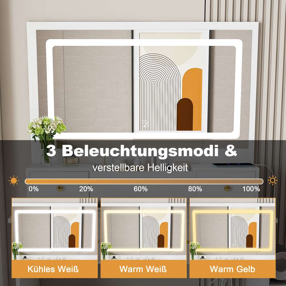 Toeletta con Specchio XXL 75x48 cm, 4 Cassetti, LED Dimmerabile 3 Colori, Sgabello e Supporto Phon - 6