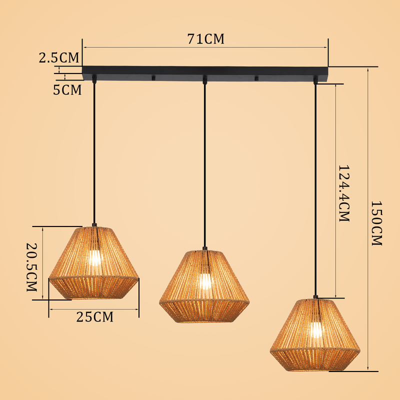 Nettlife Lampada Sospensione Boho Rattan - Lampadario 3 Luci E27, Regolabile, Stile Retrò, Tavolo Pranzo Camera (Senza Lampadina) - 4