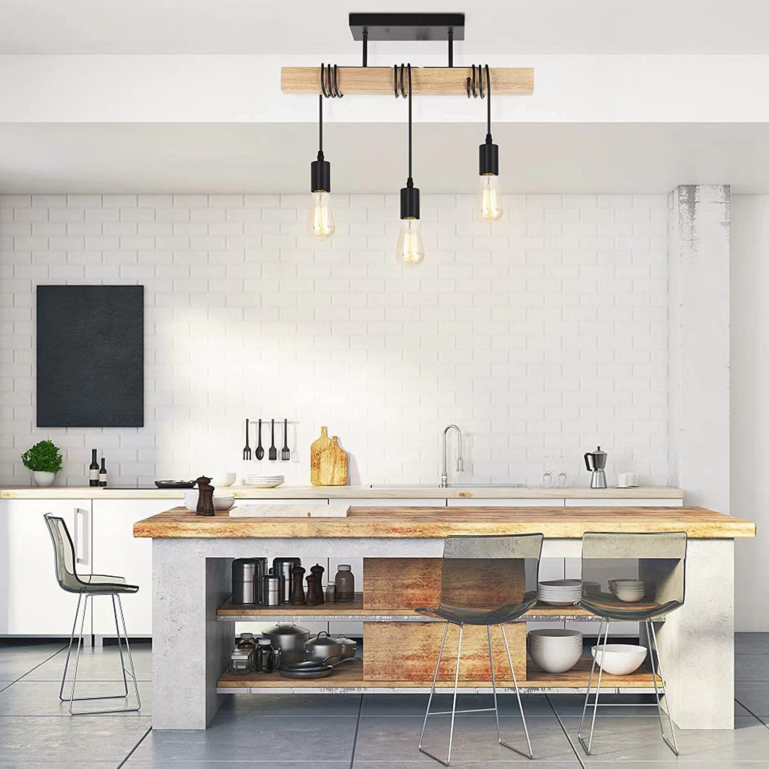 Lustre à 3 têtes, suspension vintage, plafonnier rustique, suspension en métal, éclairage d'îlot, hauteur réglable, 55 cm - 9