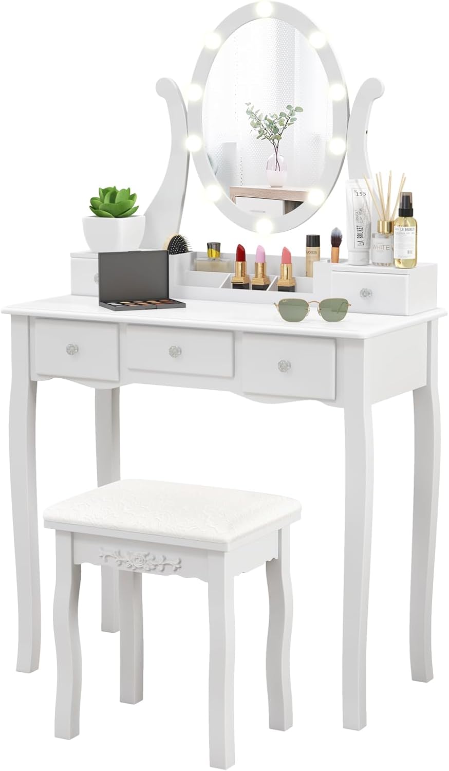 Coiffeuse Blanche Avec éclairage LED Et Tabouret - 6 Tiroirs, 3 Températures De Couleur - Dimensions 131 X 80 X 36 Cm