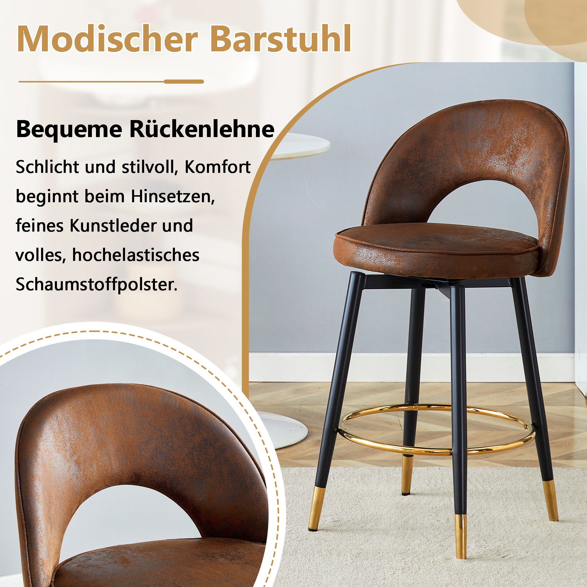 Lot de 2 Tabourets chaise de bar Pivotants à 360° Brun, Chaise salle a manger avec Dossier Ajouré, Chaise de salon Structure Métallique, Tissu en PU - 5