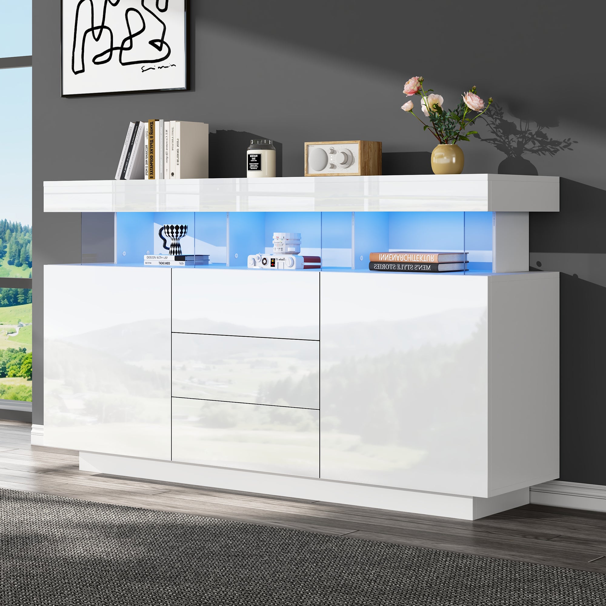 Nowoczesny niski kredens z 2 drzwiami i 3 szufladami - 140 x 35 x 80 cm - diody LED - płyta wiórowa i akryl - połyskująca biel