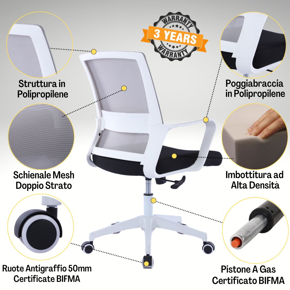 Sedia Ufficio Ergonomica Girevole da Scrivania con Braccioli, Poltrona Regolabile con Supporto Lombare in Tessuto Bianco - ZIK - 2