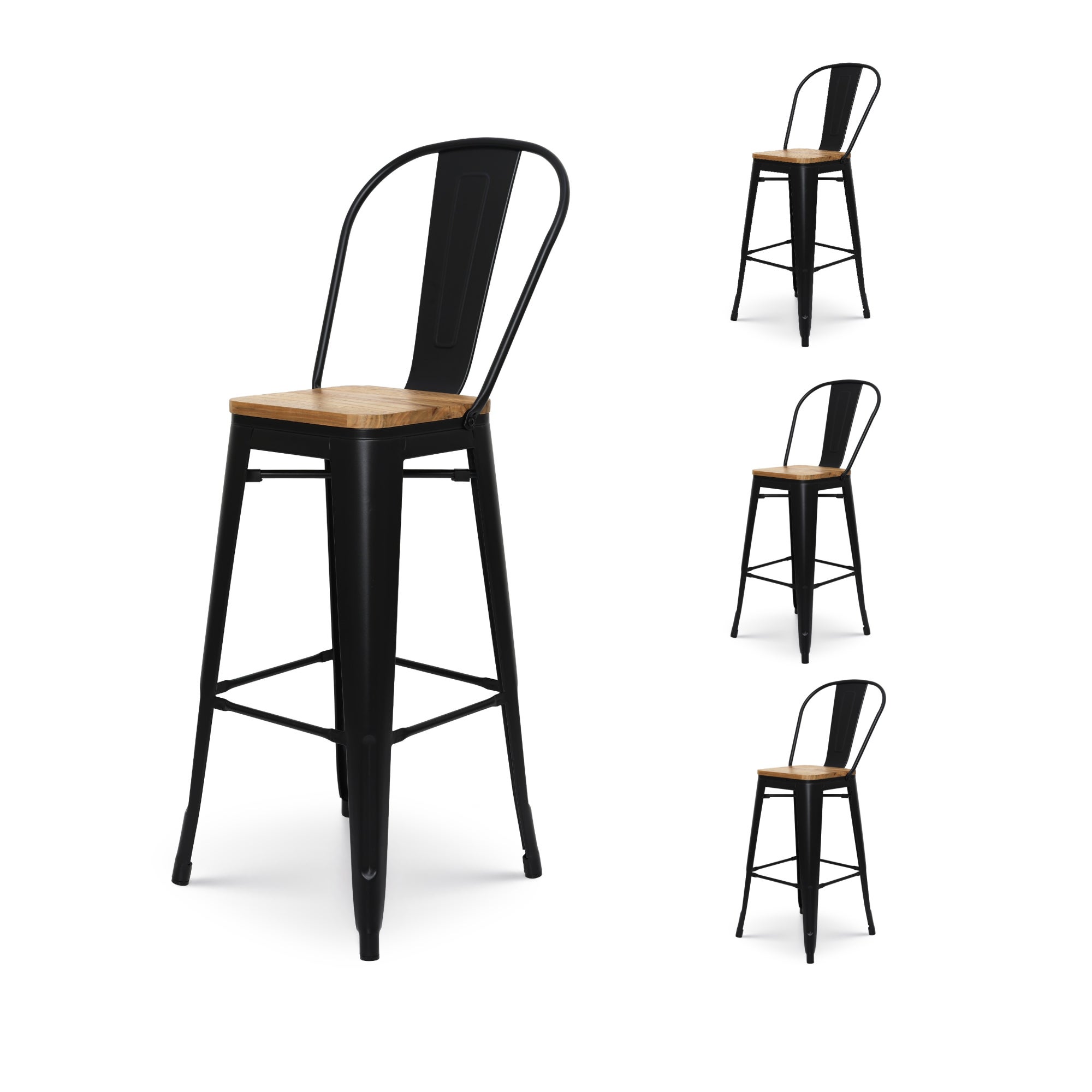 Sgabello Da Bar Kosmi | Stile Scandinavo | Piedi In Metallo Effetto Legno Chiaro | Altezza 76 Cm | Colore Nero