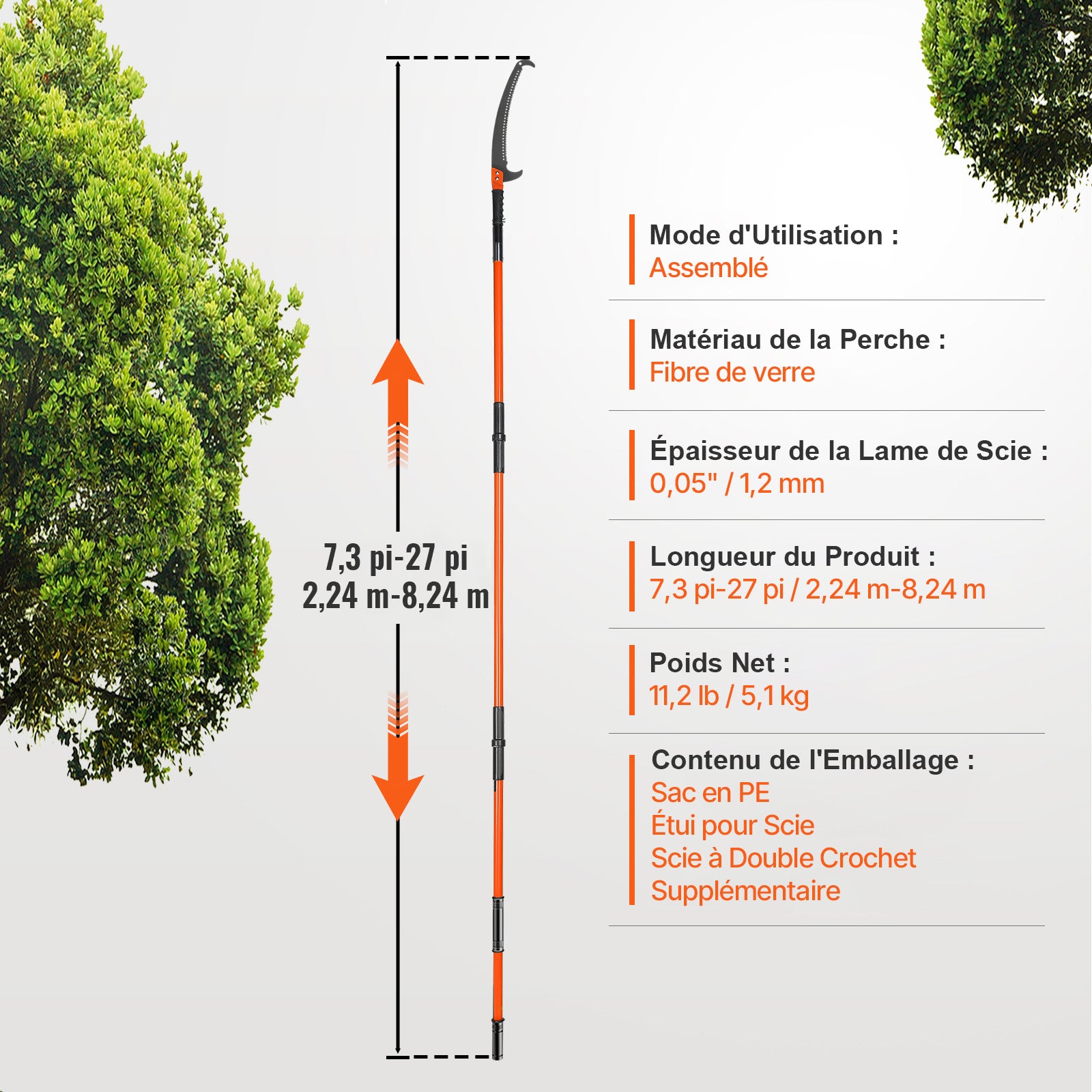 Scie à perche manuelle,élagueuse extensible SucceBuy 7,3 à 27 pieds,lame en acier tranchant,8 poignées en fibre verre,pour élaguer les palmiers - 2