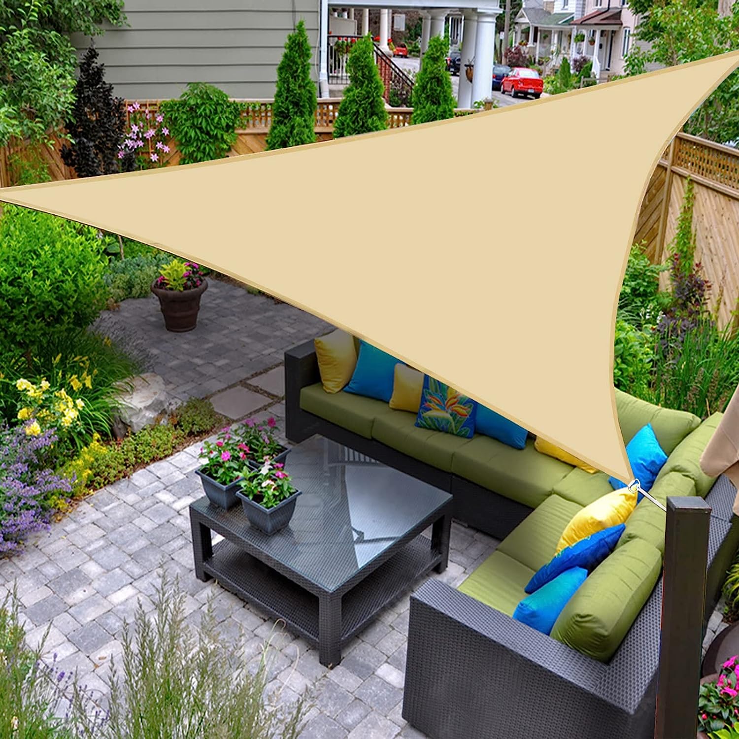 Voile d'ombrage imperméable triangulaire 3x3x3m Protection Rayons UV pour Extérieur Terrasse Patio Jardin-Sable - 2