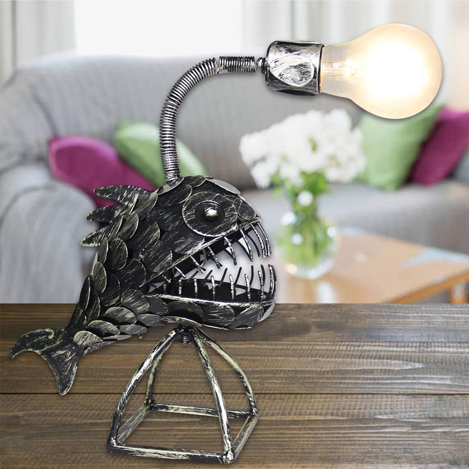 Kreatywna lampa rybaka, lampa artystyczna w kształcie ryby rybaka, lampa retro z żelaza w kształcie rekina, kreatywne nocne światło LED - 4