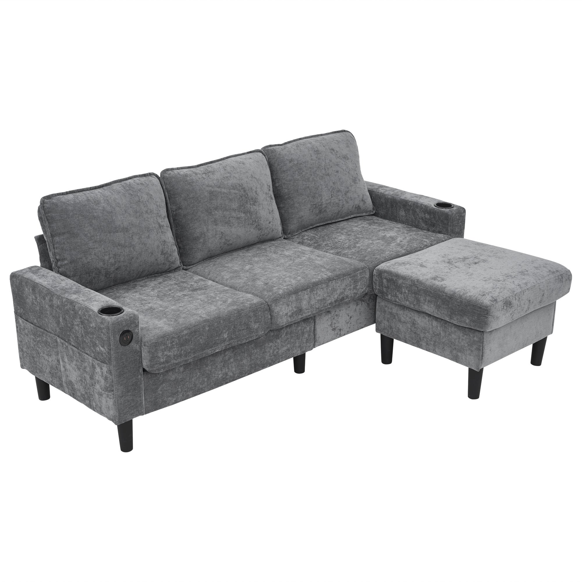Canapé rembourré avec ports USB et Type-C, canapé 3 places avec deux porte-gobelets - Canapé-lit en L, gris, lin - 7