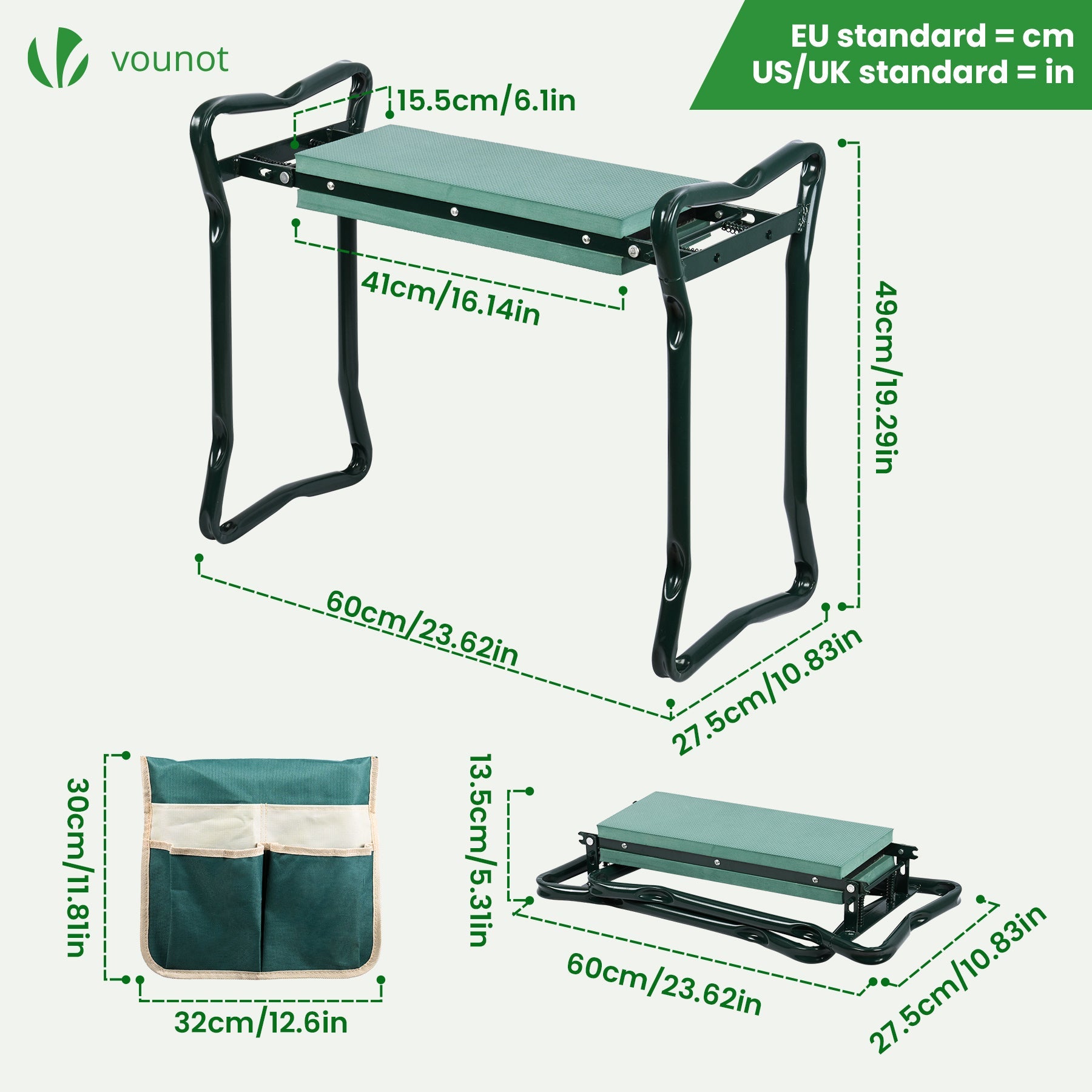 Agenouilloir tabouret de jardin 2 en 1 pliable - Banc de jardinage avec pochette de rangement et coussin EVA vert - VOUNOT® - 3