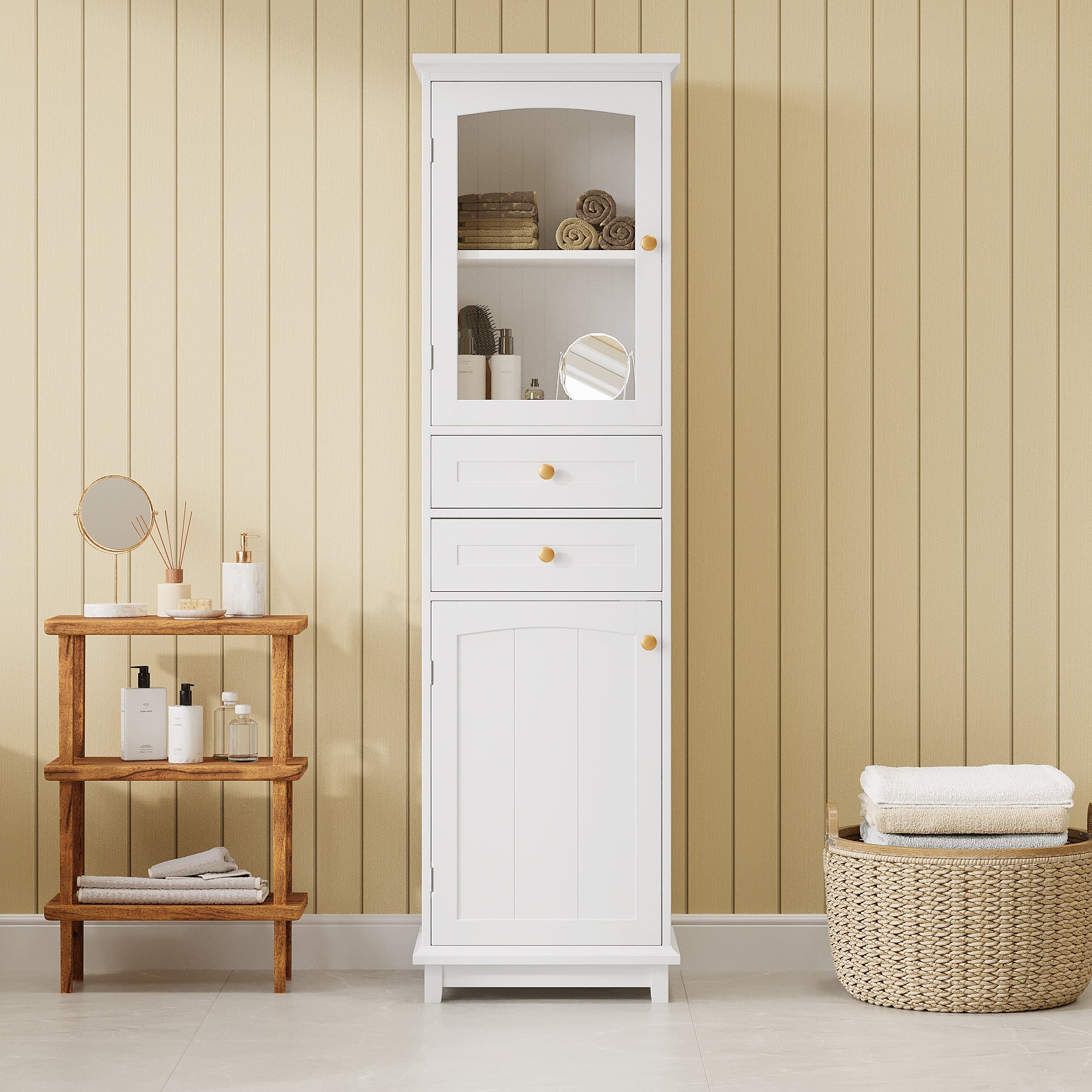 Szafka łazienkowa z 2 drzwiami i 2 szufladami - 45 x 36 x 160 cm - MDF + szkło - regulowane półki - biała