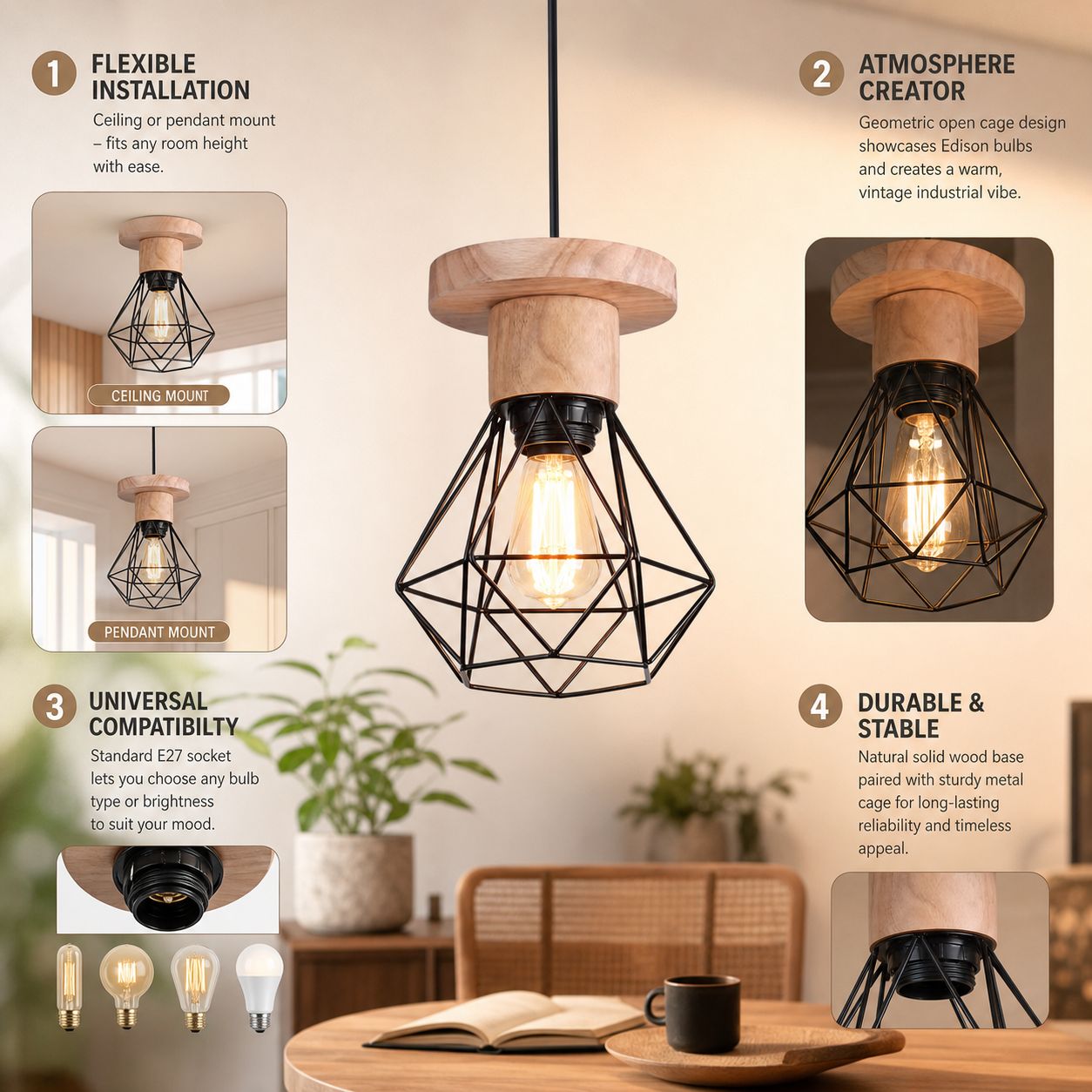 Candeeiro de Teto Industrial Vintage com Base em Madeira Maciça e ...