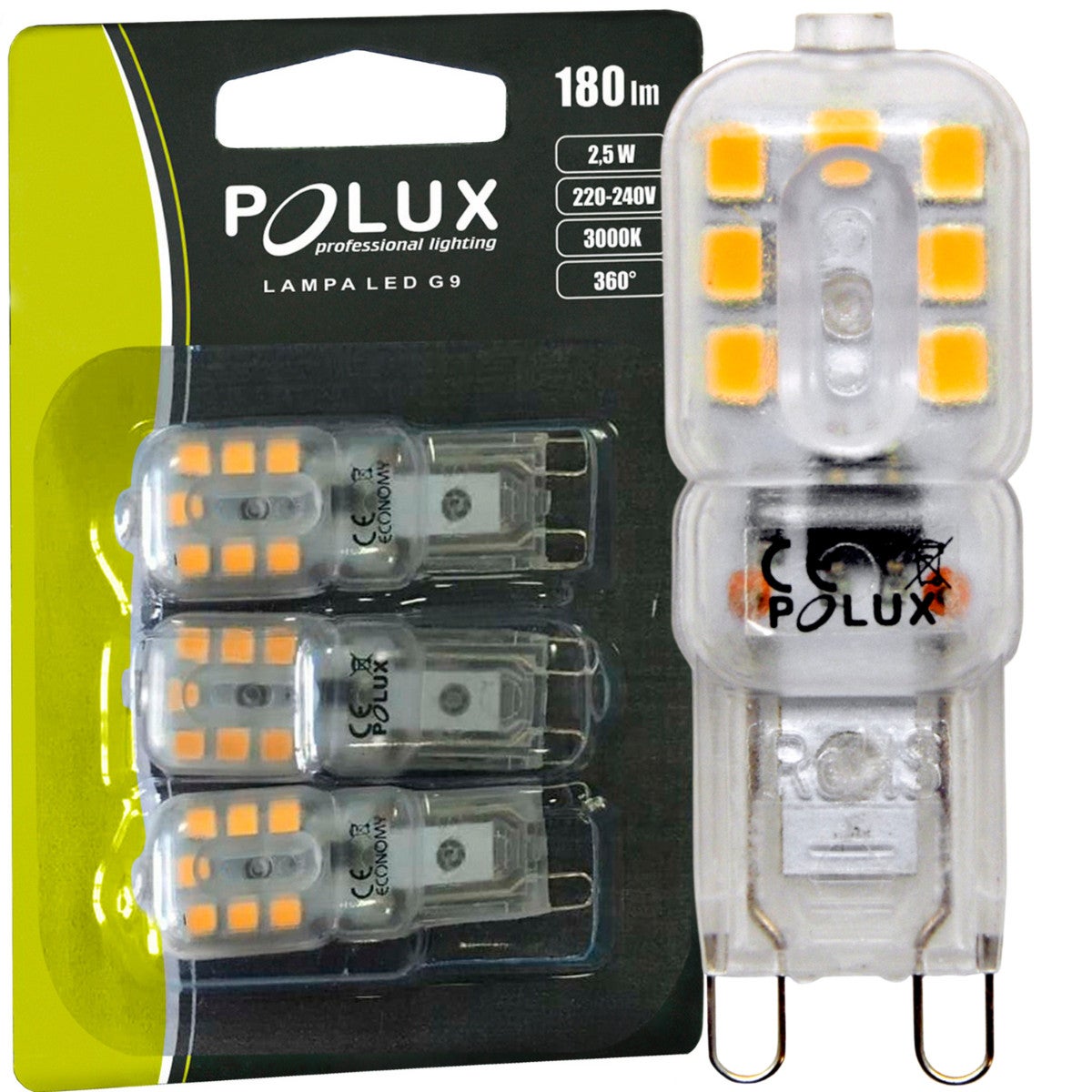 Żarówka LED SMD G9 2.5W kapsułka przezroczysta Ciepła biel 3000K 180lm x 3 sztuki Polux - 2