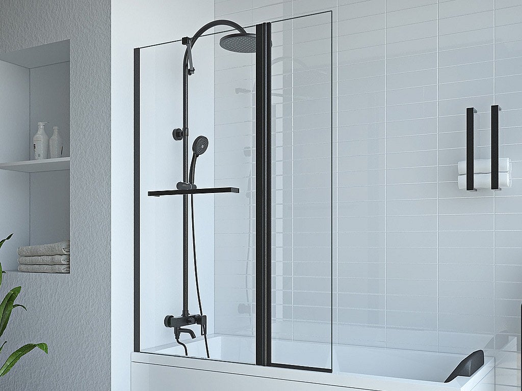 Parawan nawannowy z wieszakiem na ręczniki i obrotowym powrotem w kolorze czarnym matowym - (70 + 30) x 140 cm - PRIMAEL