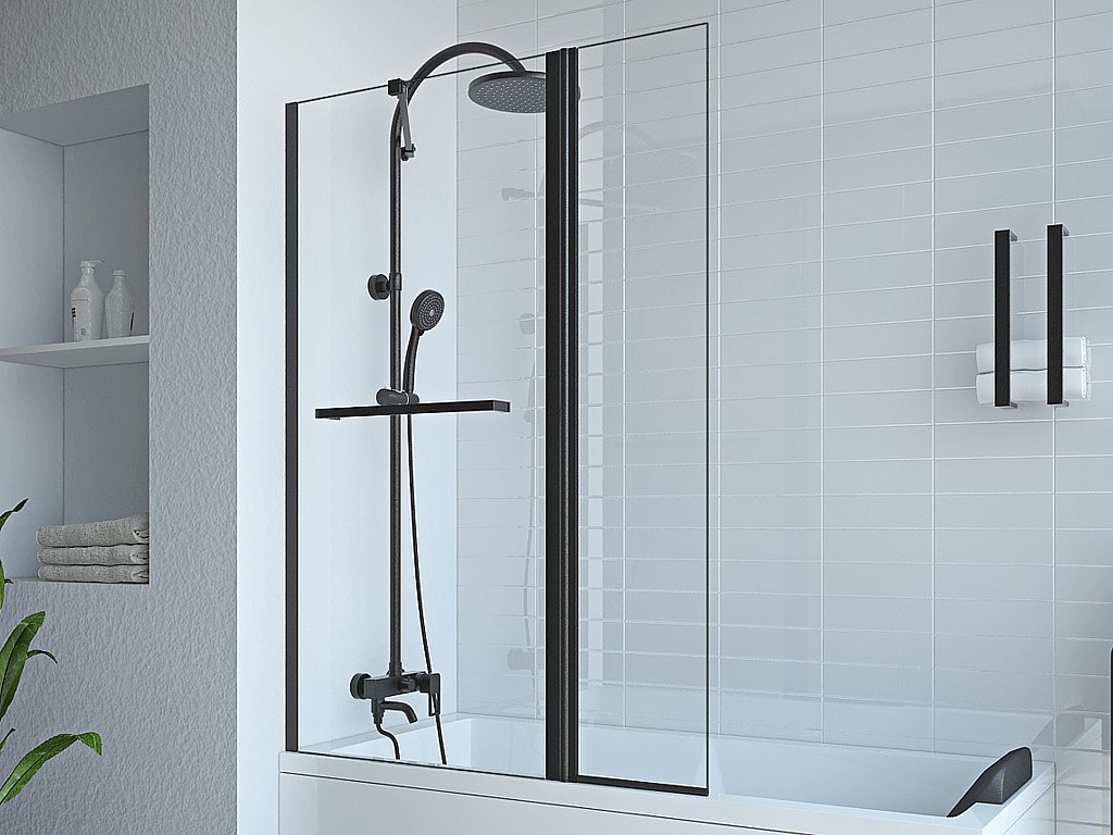 Parawan nawannowy z wieszakiem na ręczniki i obrotowym powrotem w kolorze czarnym matowym - (70 + 30) x 140 cm - PRIMAEL