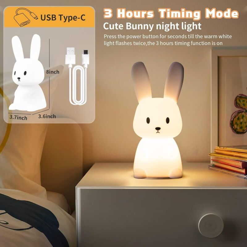 Veilleuse bébé lapin avec 7 lumières rechargeable USB fonction minuterie lampe de chevet pour chambre d'enfant cadeau - 2