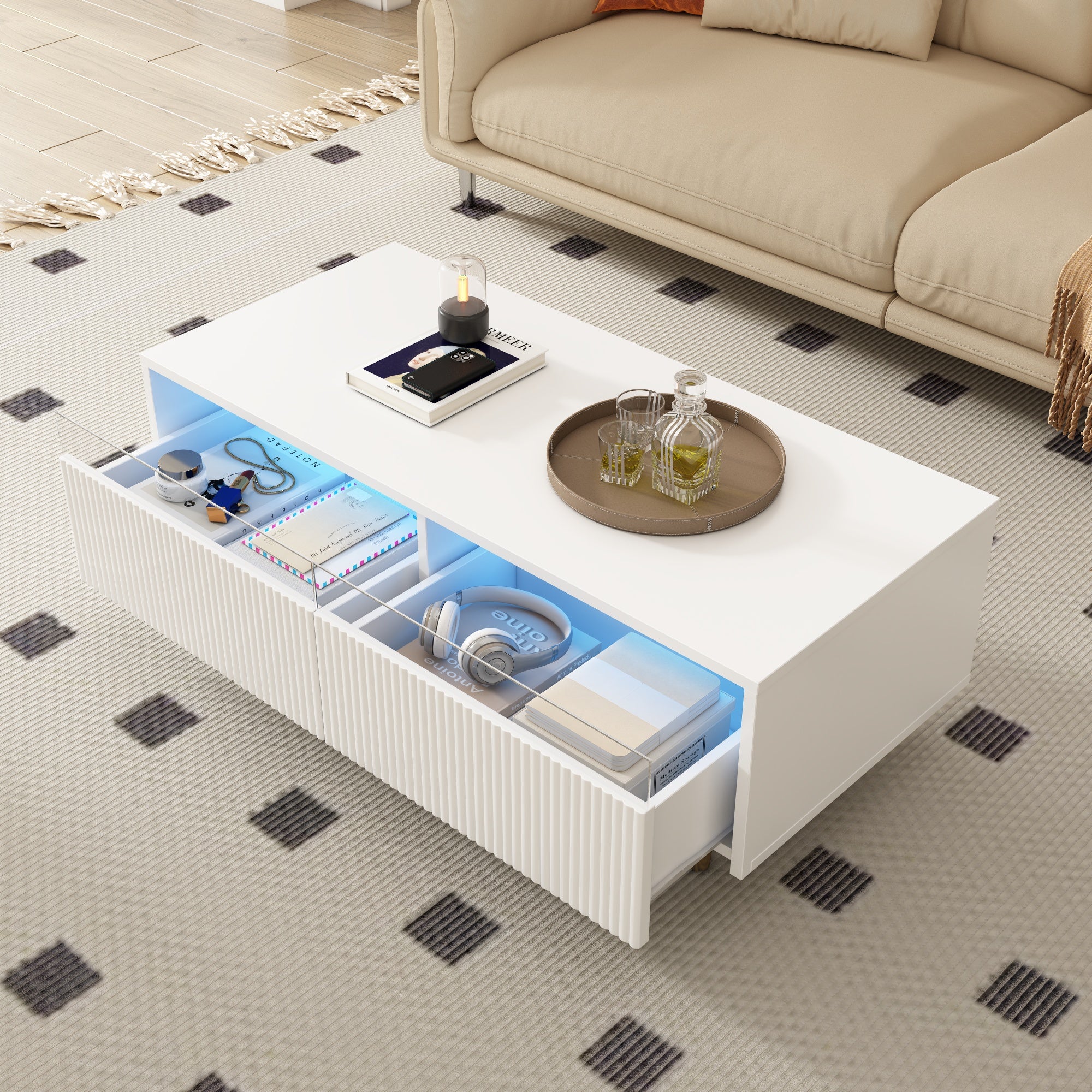 Nowoczesny stolik kawowy z 2 szufladami - 100 x 50 x 40 cm - diody LED - nóżki z płyty MDF i metalu - biały
