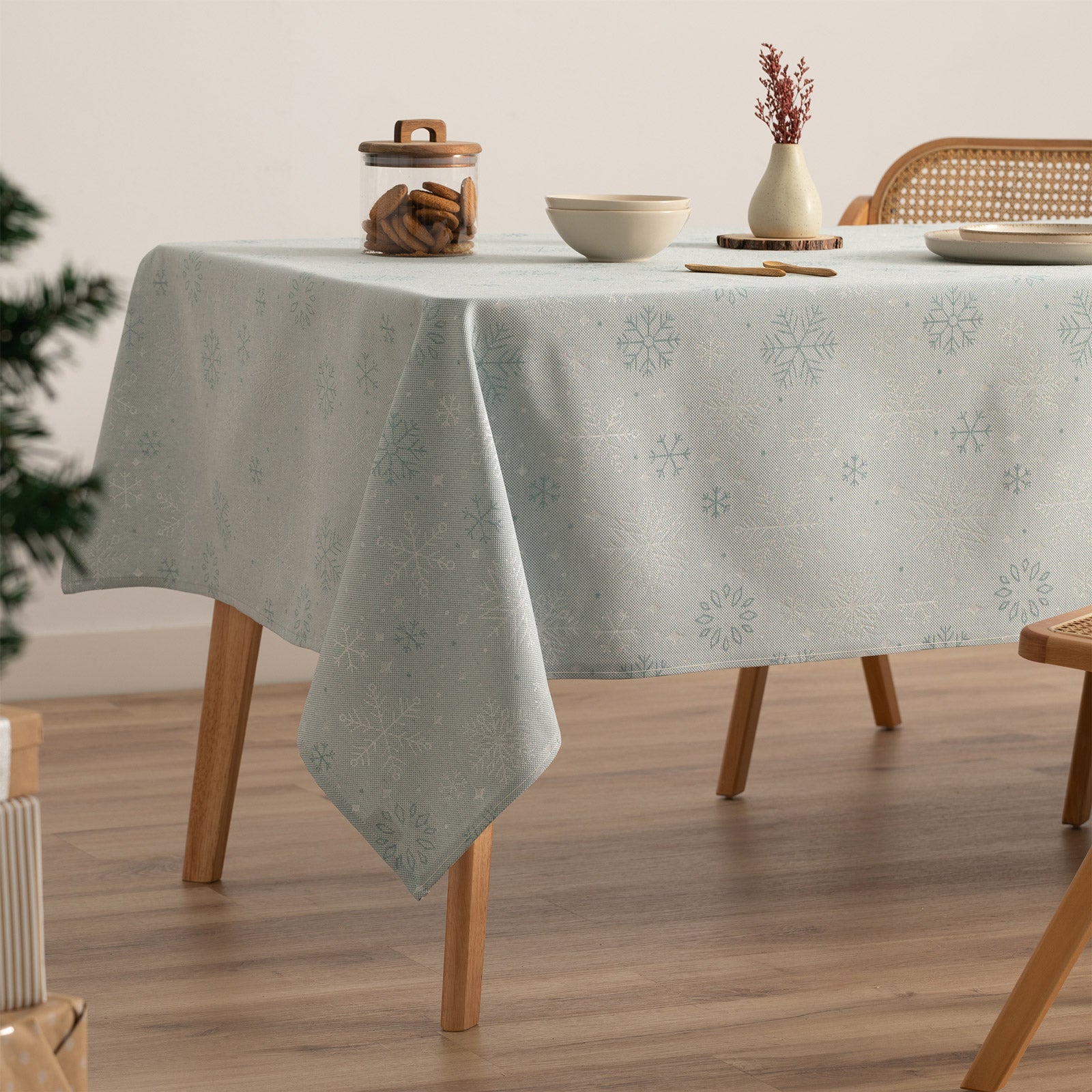 Mantel navidad algodón rectangular jacquard snowflake agua y plata 140x100 cm - sparkle