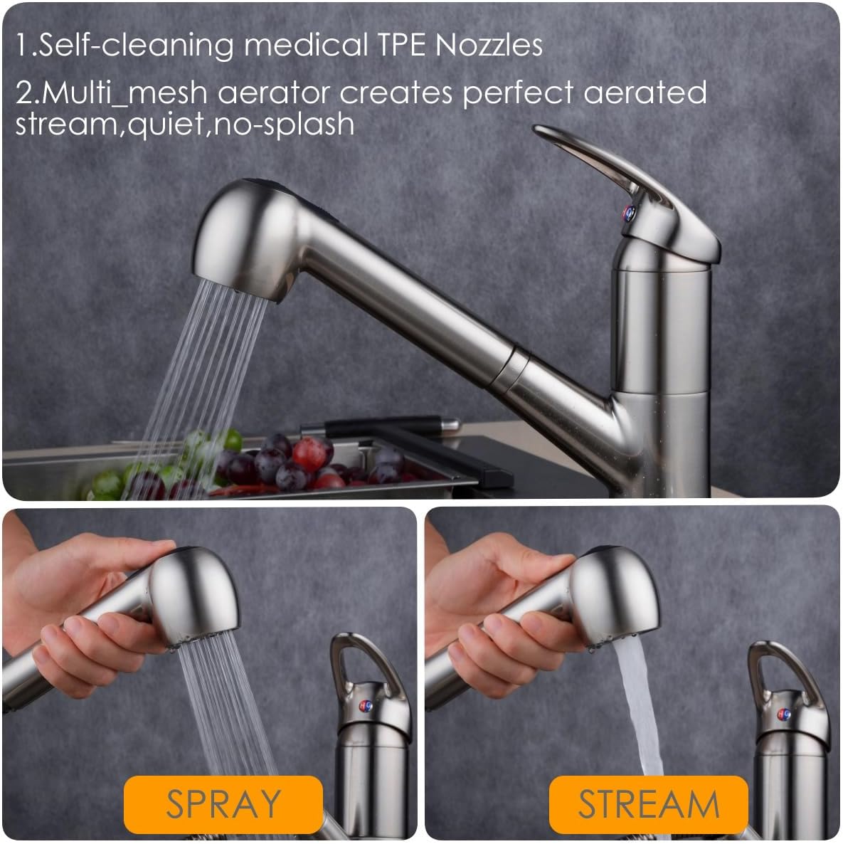 Miscelatore rubinetto cucina 3 vie acciaio doccetta estraibile acqua pura alta