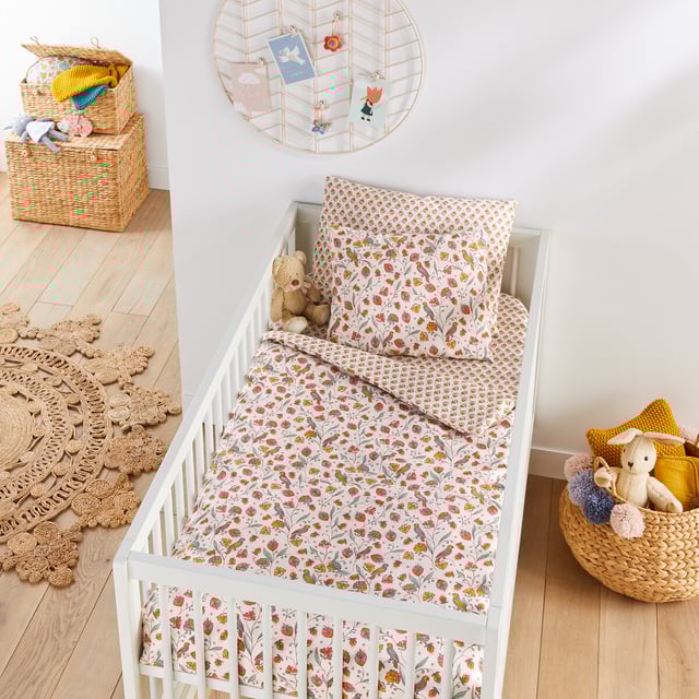 Housse de couette bébé en coton, Bertille - Imprimé rose - 80 x 120 cm