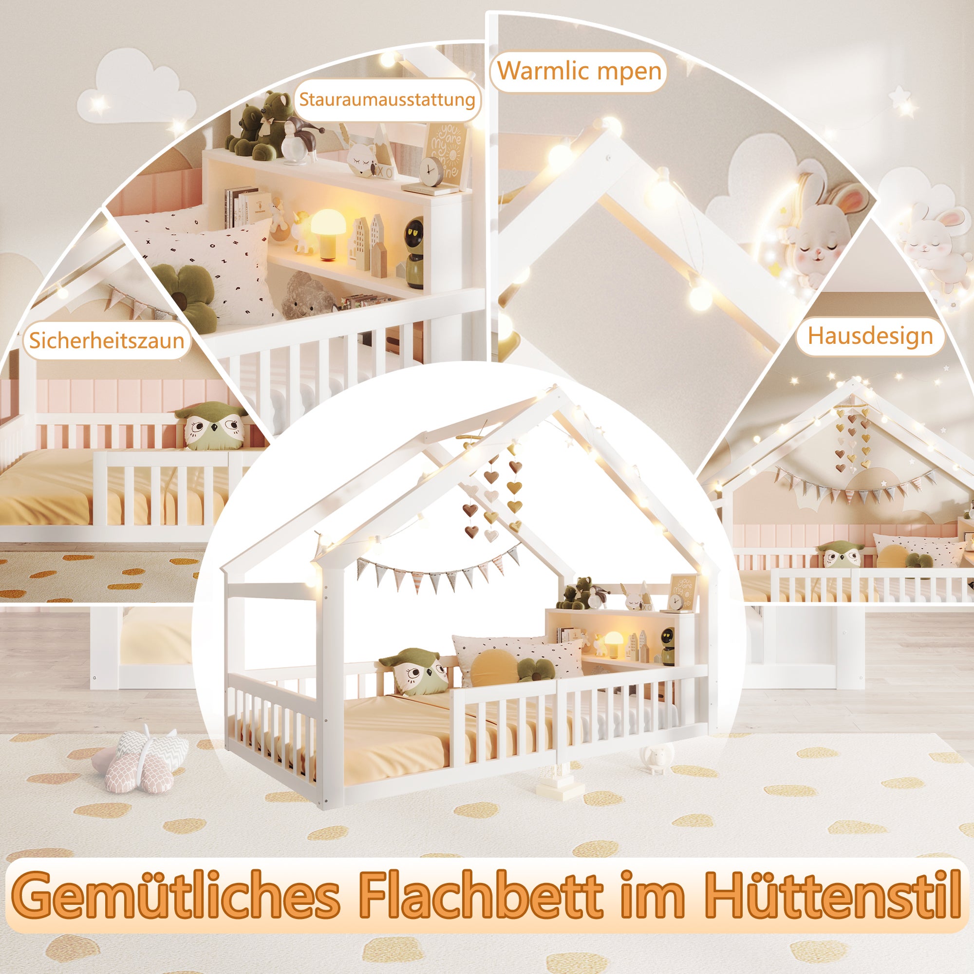 Lit cabane enfant Lit simple 90x200 cm avec barreaux de sécurité, design maison et étagère intégrée - Structure en pin - blanc - 3