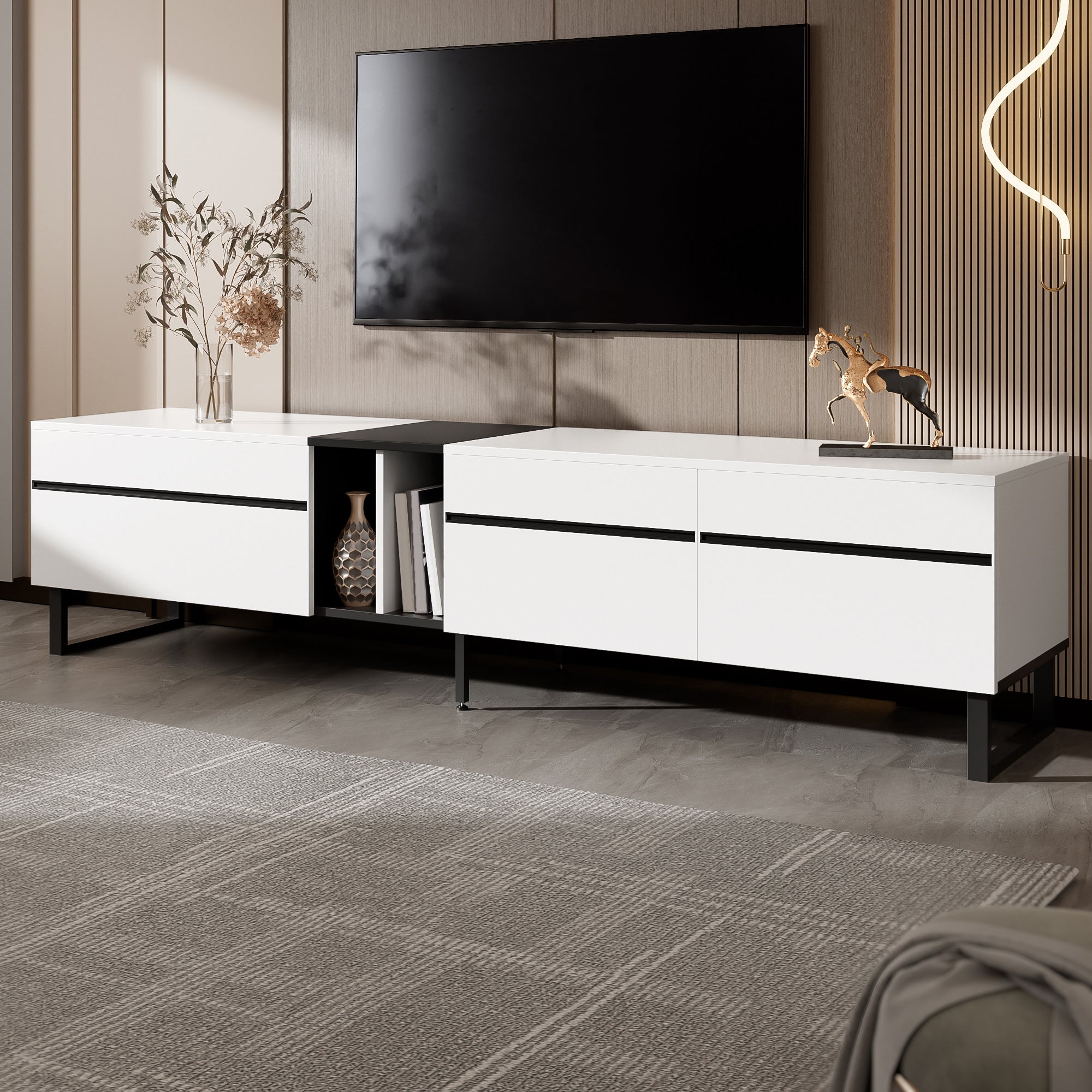 Stolik pod TV z 3 drzwiami i 2 półkami - 180 x 38 x 45 cm - Płyta wiórowa - Biały