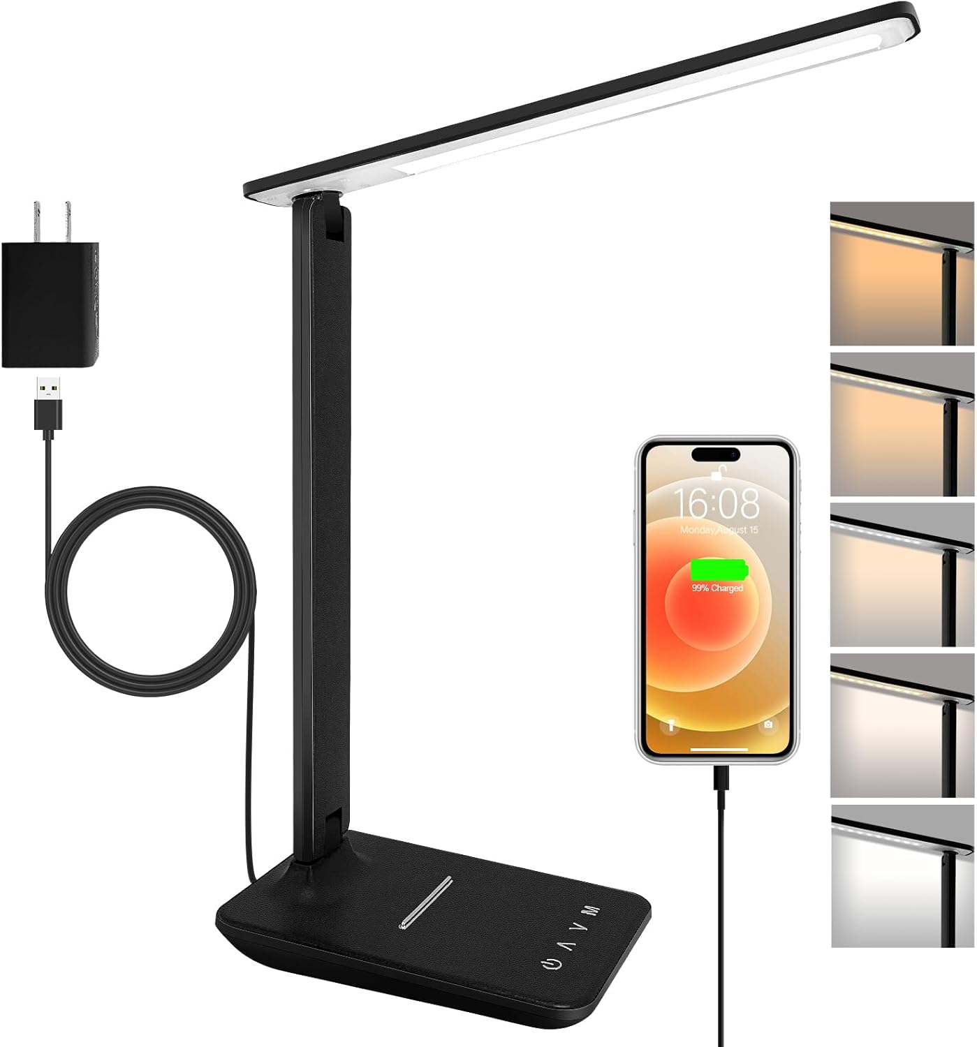 Lampa biurkowa LED (czarna) z adapterem, składana i regulowana lampka nocna, 5 trybów kolorów i 5 poziomów jasności, port ładowania USB
