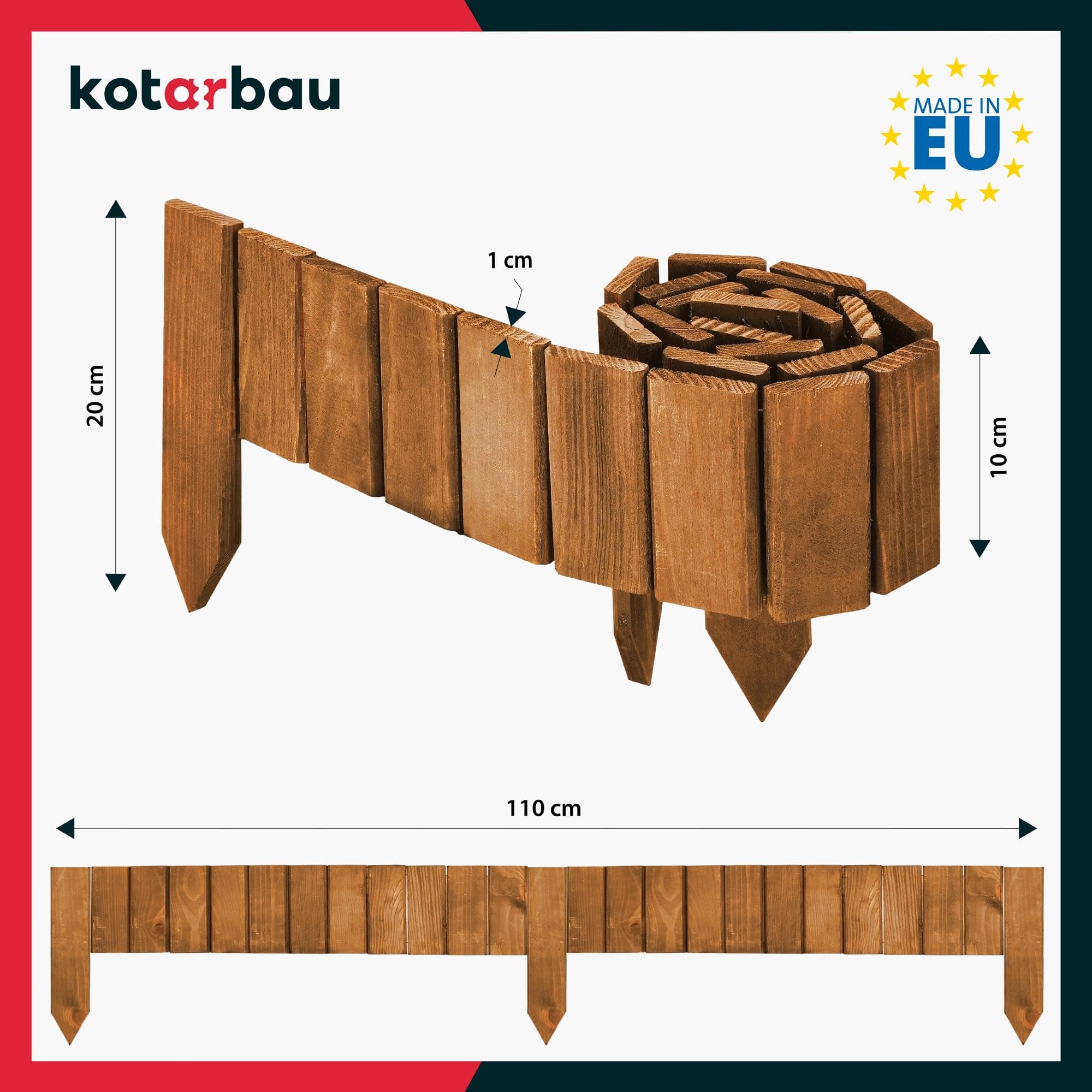 Mini Clôture Bois de Jardin Couleur Chêne 10x110 cm - Bordure de Pelouse - Palissade en Bois anti-rongeurs - Barrière Bois Jardin - KOTARBAU - 3