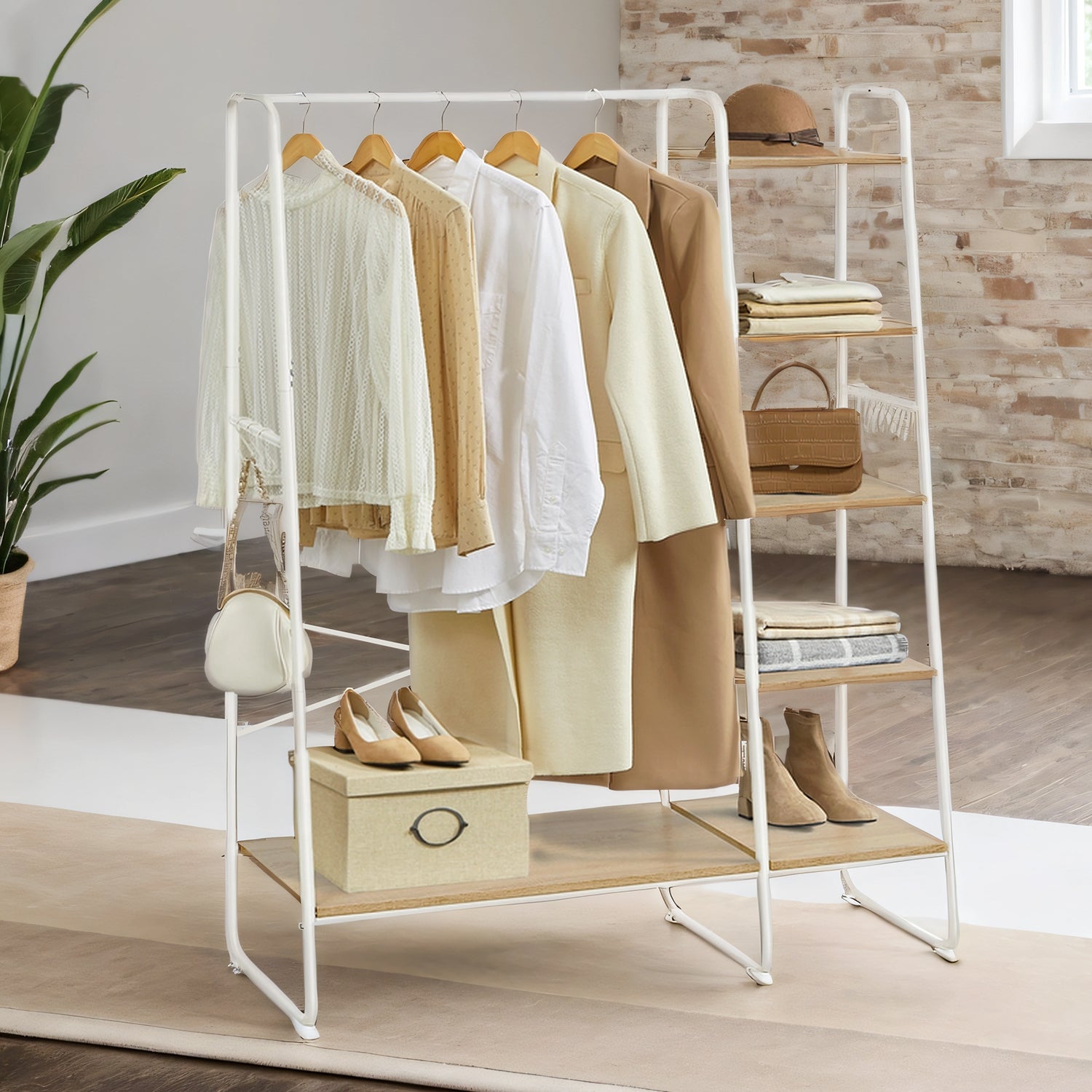 Portant à Vêtements avec Étagère à Chaussures et Rangement à 5 Niveaux, 6 Crochets Latéraux, Blanc - 2