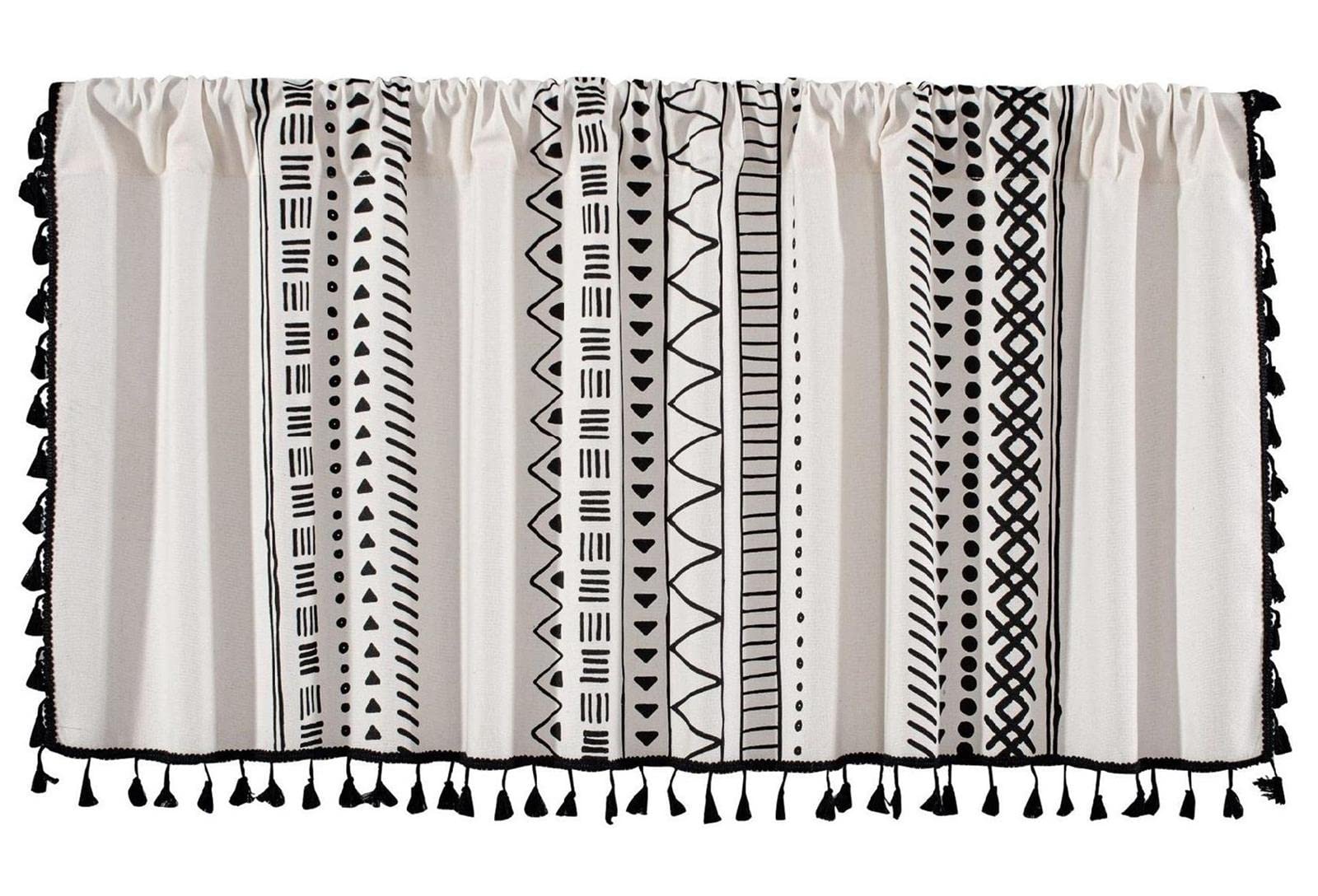 Boho zasłony, krótkie zasłony zaciemniające, ażurowe zazdrostki koronkowe, geometryczne zazdrostki trójstronne, 150*60cm, białe