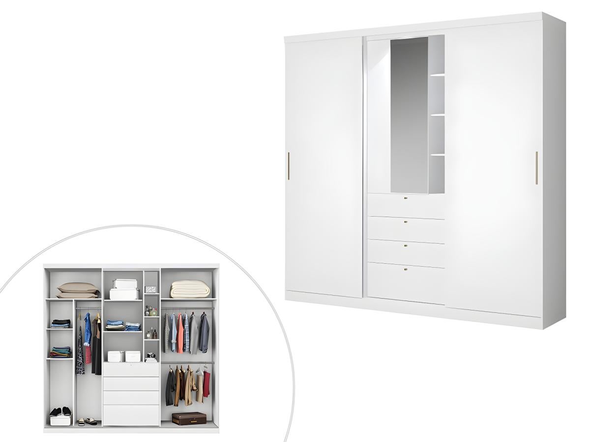 Armoire 2 portes coulissantes - Miroir et tiroirs - L240cm - Coloris : Blanc - BODIL - 8