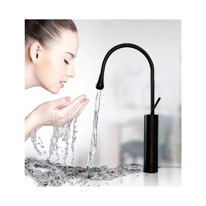 Bateria umywalkowa typu wodospad, bateria łazienkowa z ciepłą i zimną wodą, wysoka bateria umywalkowa typu wodospad, czarna
