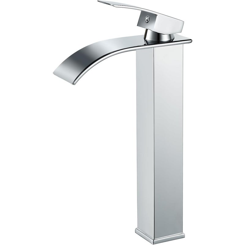 Bateria umywalkowa wodospadowa w kolorze srebrnym chromowanym, bateria zlewozmywakowa z wysoką wylewką 232 mm, bateria wodospadowa w kolorze srebrnym