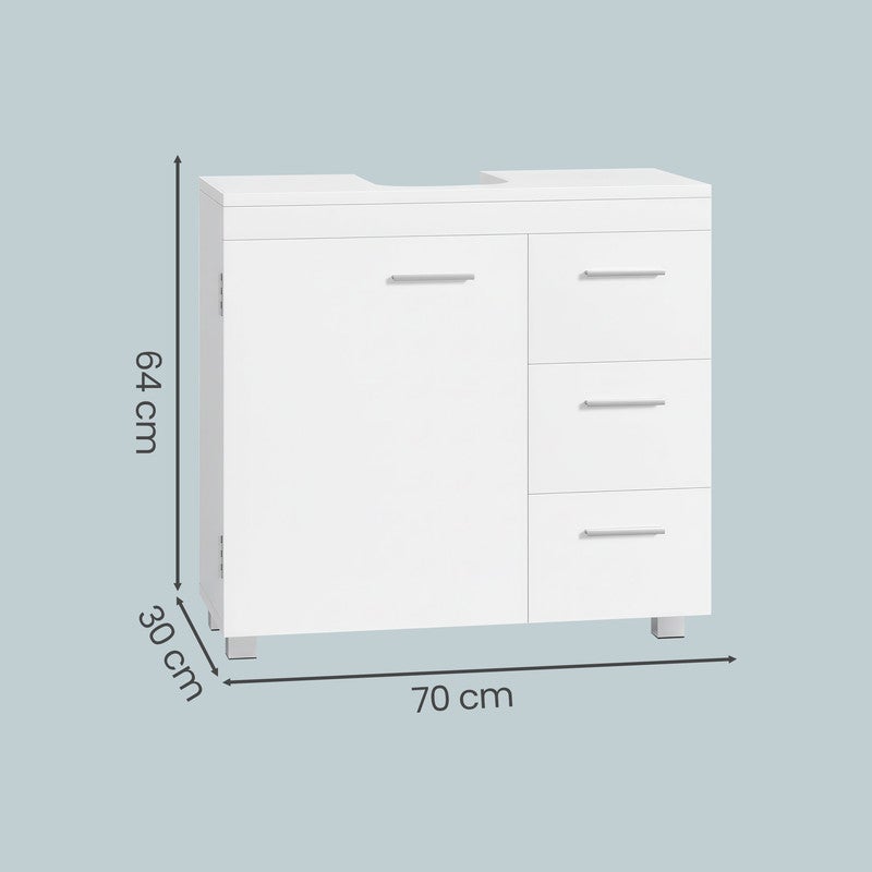 Meuble sous Lavabo, 3 Tiroirs Latéraux, 2 Cases Derrière la Porte, avec Pieds, 30 x 70 x 64 cm, Blanc Nuage - 5