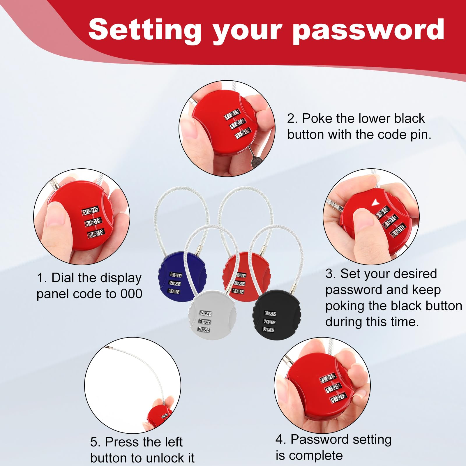 Lucchetto a combinazione da 4 pezzi, Lucchetto per bagagli a 3 cifre, Lucchetto a combinazione per bicicletta, Resistente agli agenti atmosferici - 4