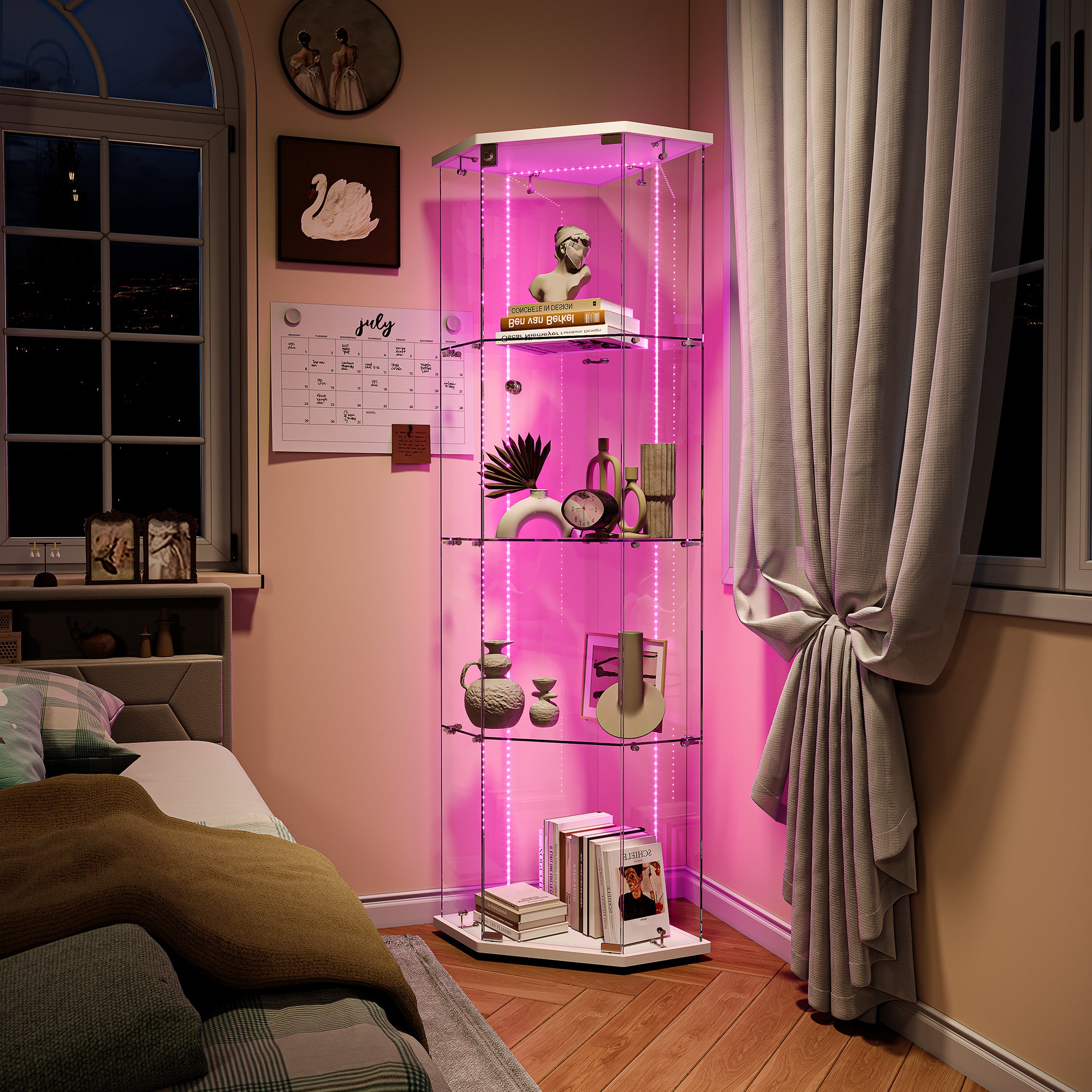 Vitrine pour collection, Vitrine en Verre, Transparent LED Vitrine en verre 4 Couches avec 1 Porte, pour salon et chambre à coucher,cinq angles - 3