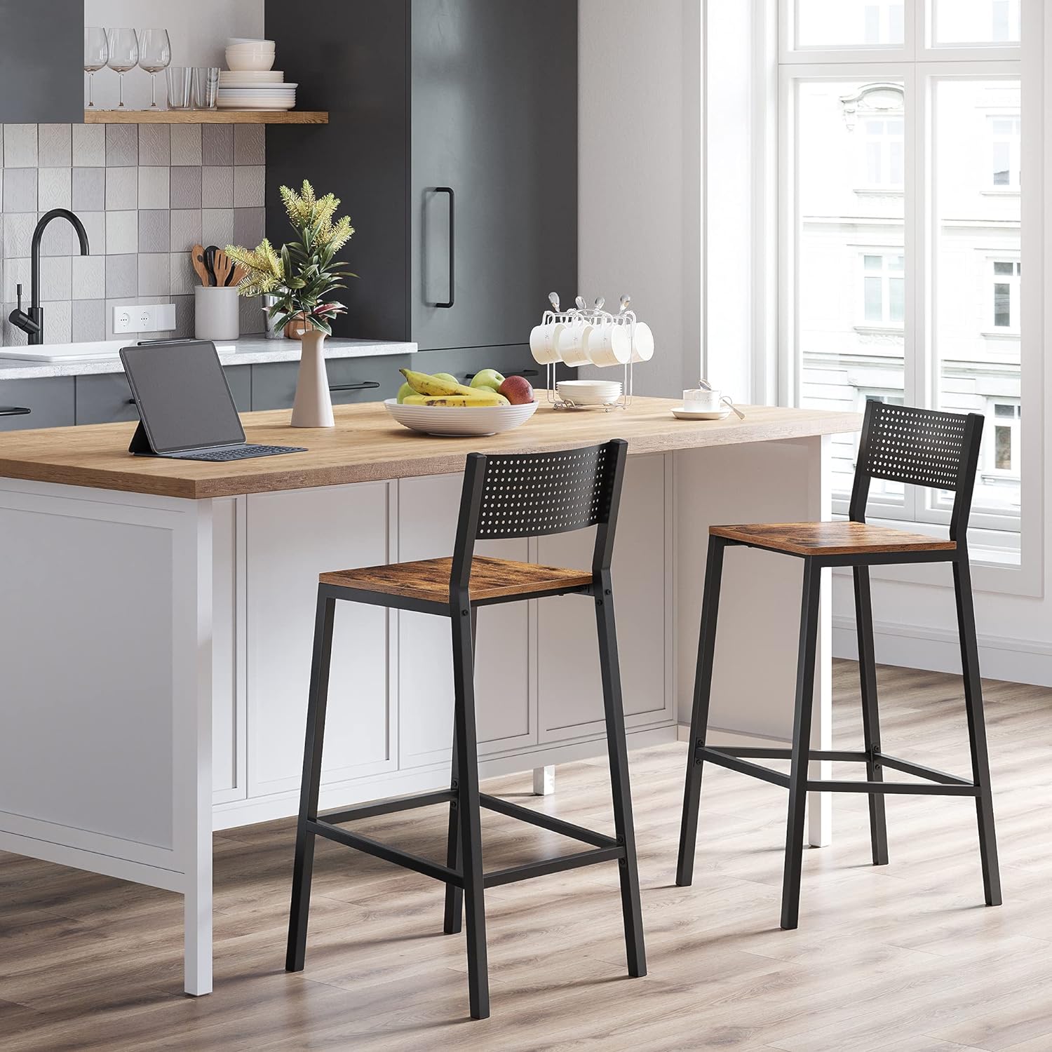 Vasagle Taburete De Bar, Juego De 2, Taburetes Altos De Cocina, Para Cocina, Comedor, Oficina, Estilo Industrial, Rústico Y Marrón/Negro , Leroy Merlin