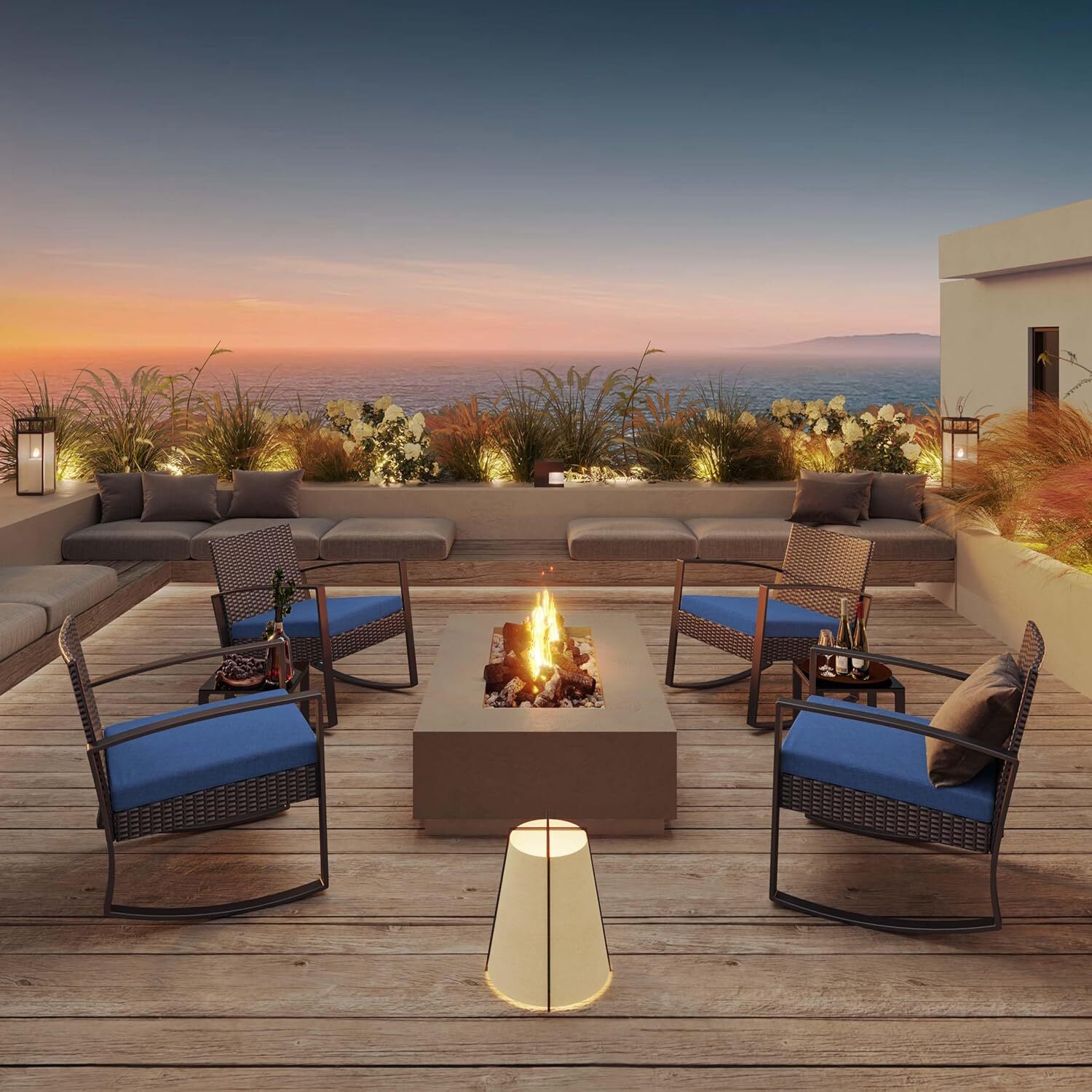 Salon de Jardin Bealife 2 Places Set de Jardin Acier Fauteuil à Bascule avec Coussin Table Verre Trempé Ensemble de Meuble pour Patio Jardin Extérieur - 2