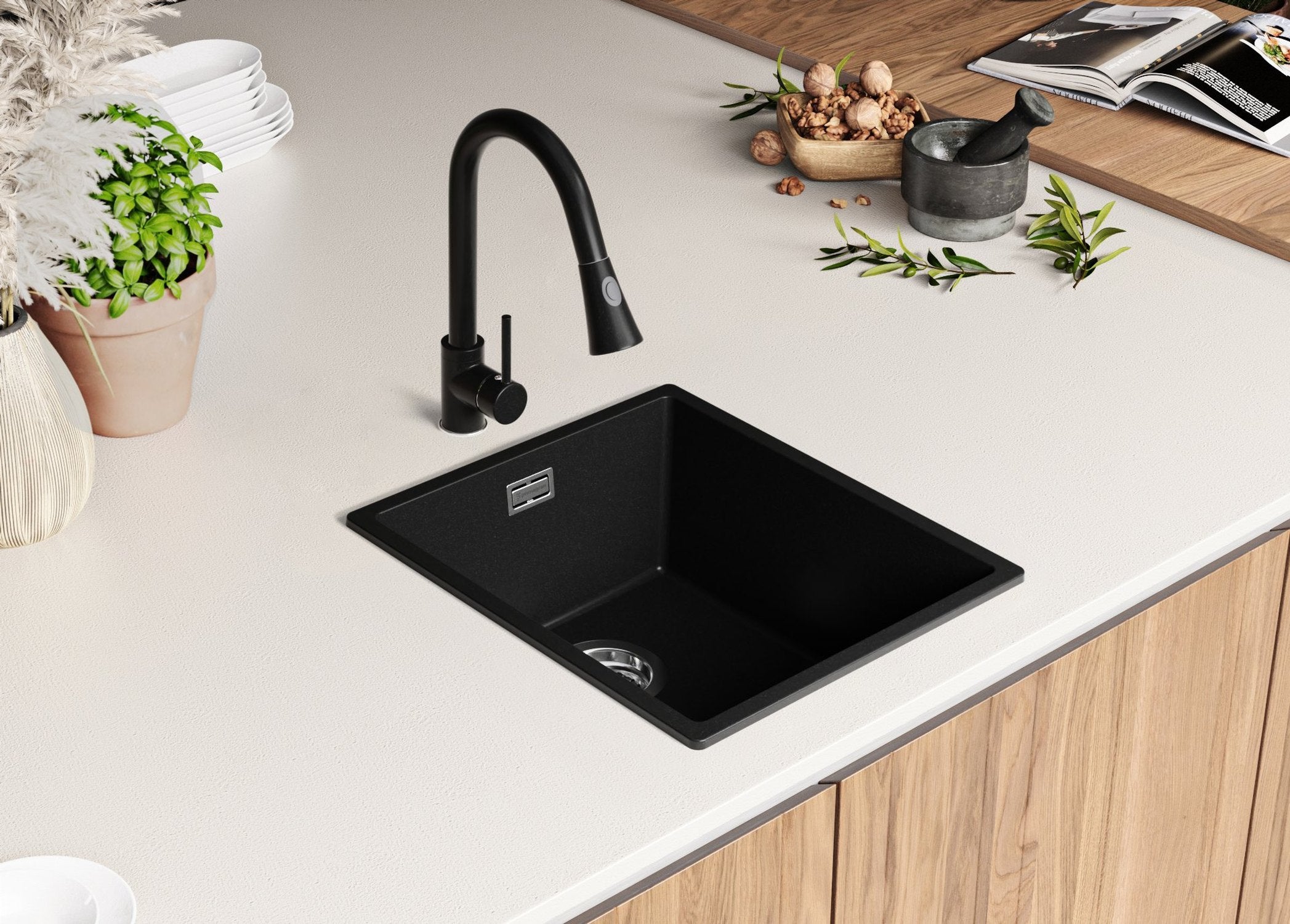 Lavandino da Cucina Nero 41x47cm, Lavello in Granito a 1 vasca + Sifone Classico + Accessori, Lavabo da Cucina Incasso al mobile 45cm PRIMAGRAN - 4