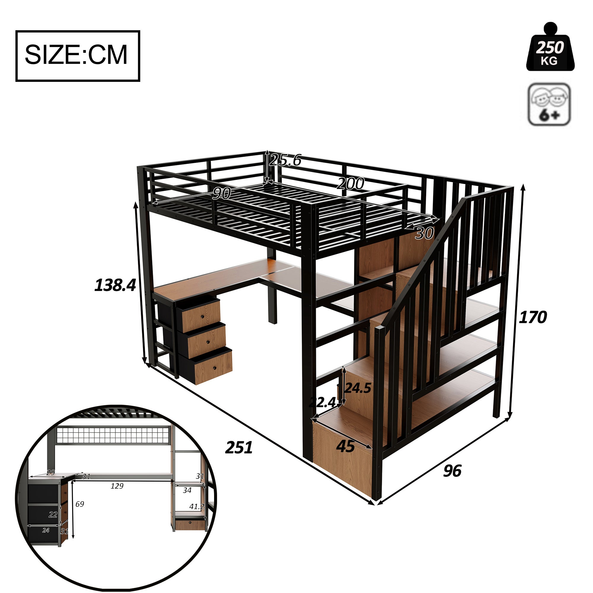 Lit mezzanine 90 x 200 cm avec bureau intégré, Lit simple structure en fer avec penderie LED, 4 tiroirs et escalier de rangement, sans matelas, Noir - 5