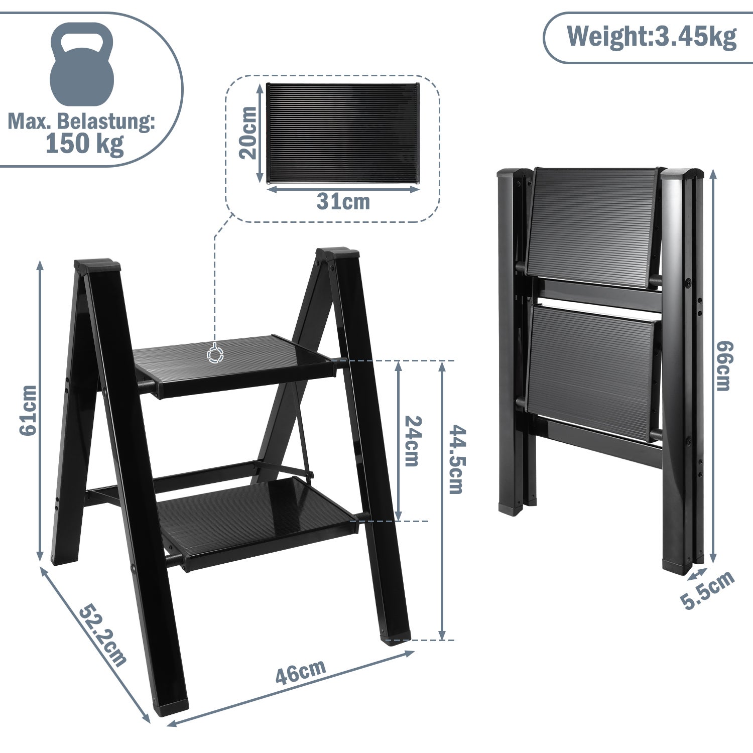 Escabeau Pliant,Échelle en alliage d'aluminium 150kg capacité - 2 marches Noir, environ 61CM - 2