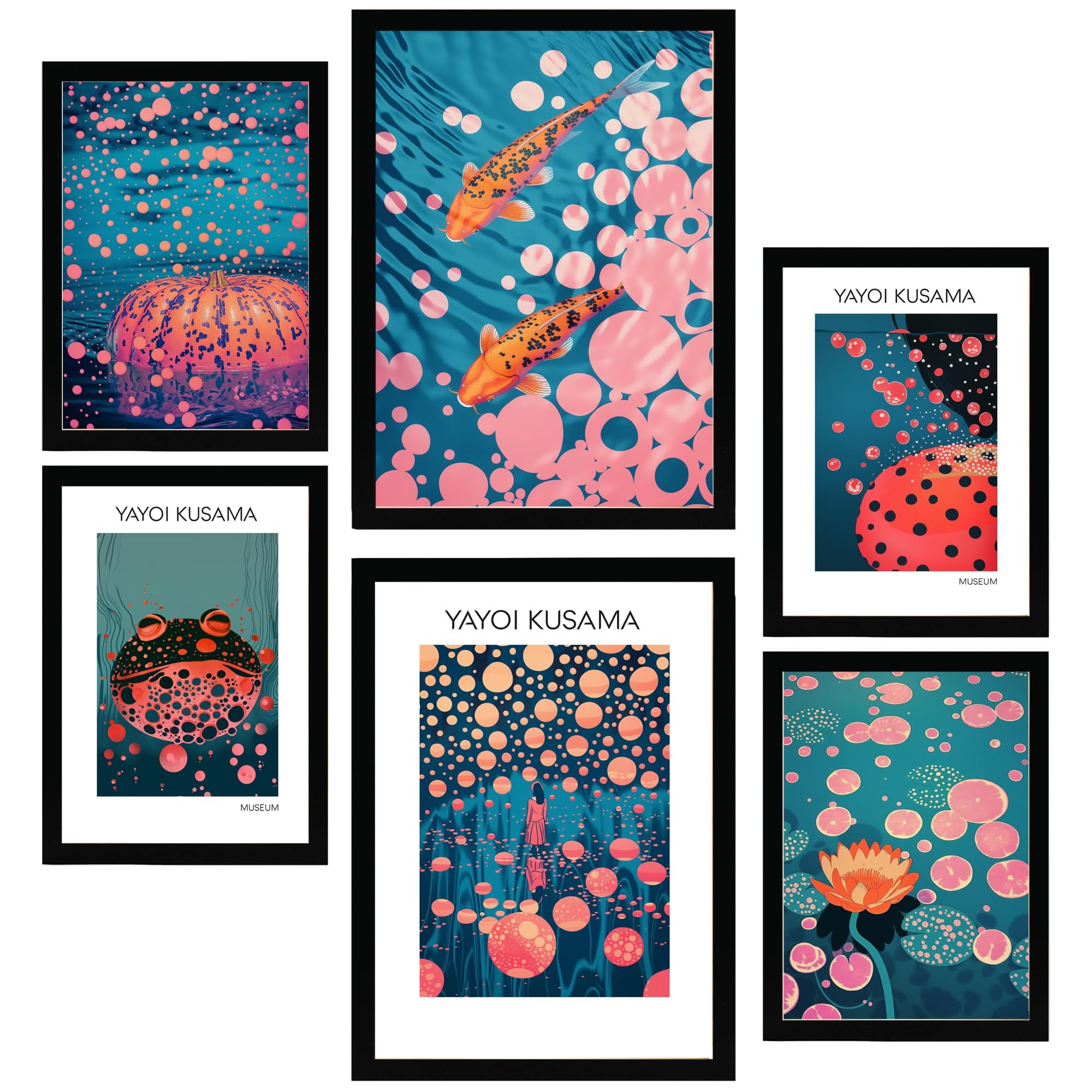 Set de 6 yayoi kusama pescado calabaza japonés cuadros con ilustración de diseño para decorar las paredes del hogar. tienda. a3 y a4. marco negro