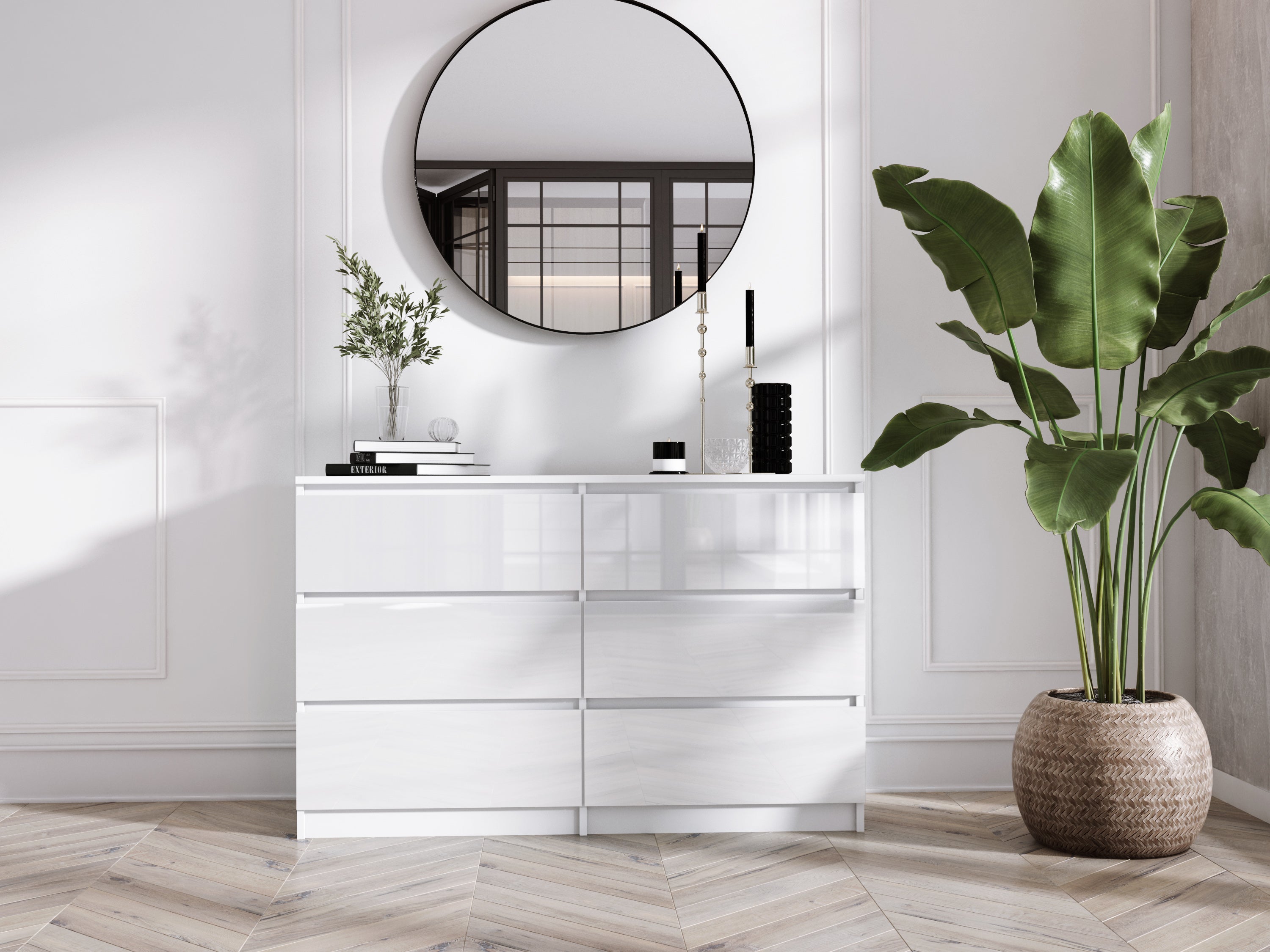 Commode 6 Tiroirs : Blanc Mat / Blanc Brillant, 138 x 39 x 79 cm - 3