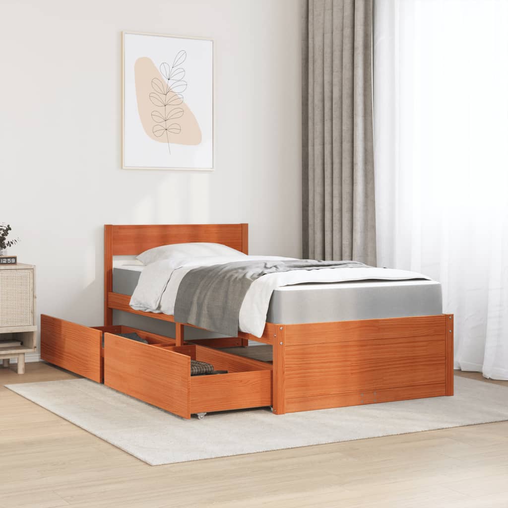 Lit avec tiroirs et matelas, bois massif de pin, cire marron, pour la chambre, 100 × 200 cm - 3
