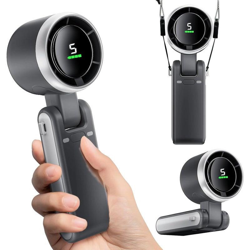 Miniaturowy, przenośny, składany wentylator, ładowany przez USB, 5 prędkości, wyświetlacz cyfrowy, idealny w podróży i na kempingu, czarny