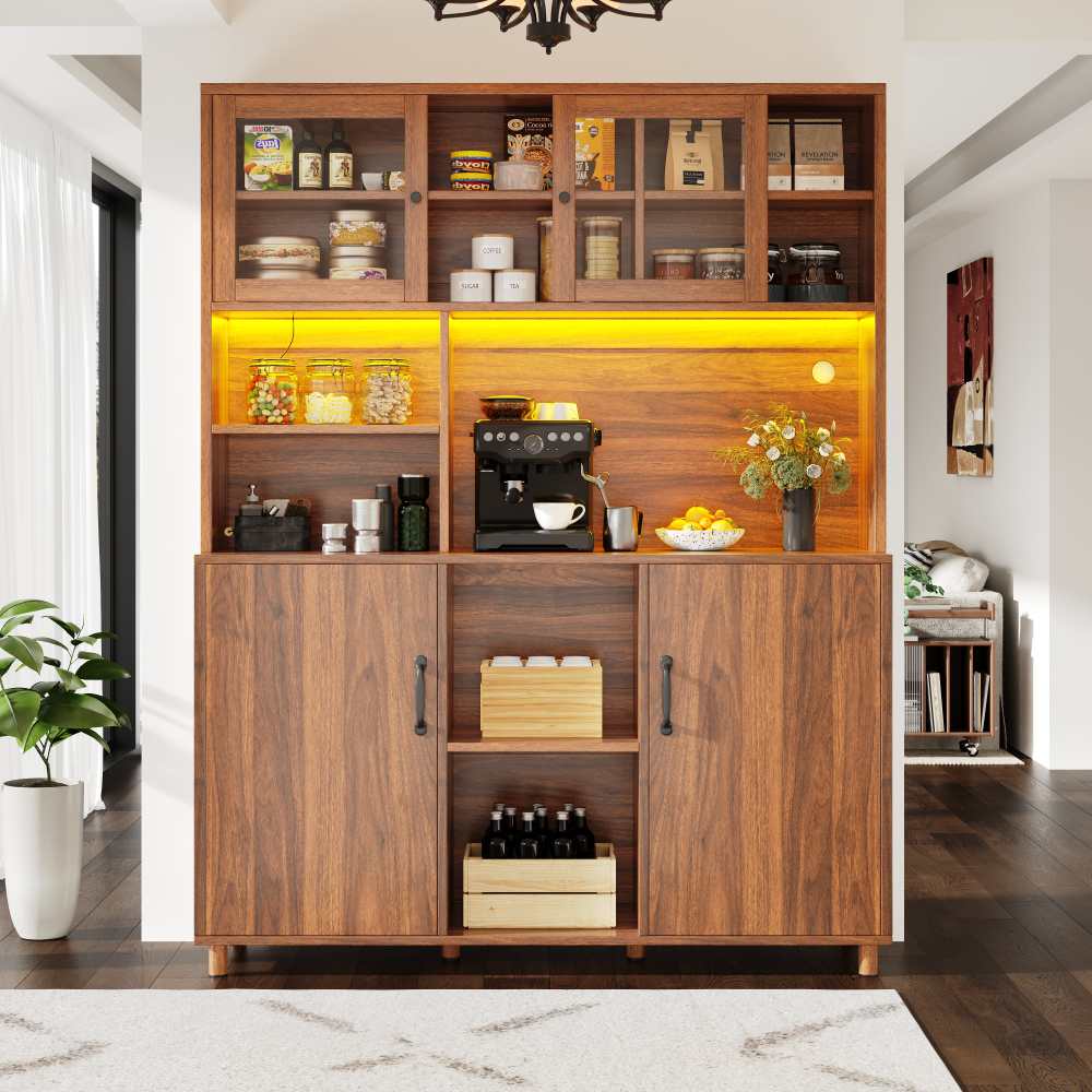 Armoire haute LED 140x40x185cm meuble salon cuisine buffet couleur noyer rétro portes coulissantes en verre rangement - 3