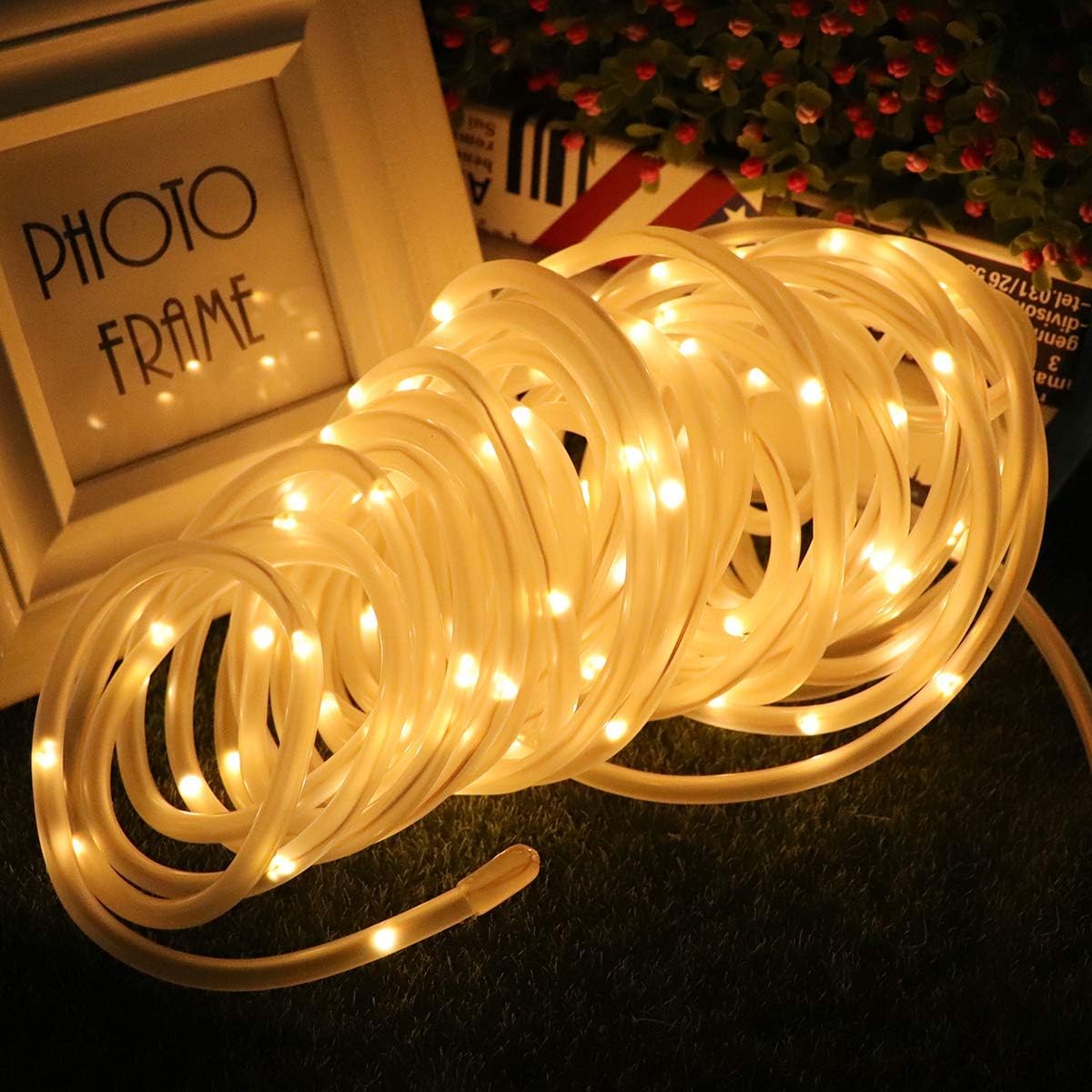 Cordão de luzes solares tubulares LED de 10 m e 100 LEDs para casamento, festa e Natal (branco quente) - 6