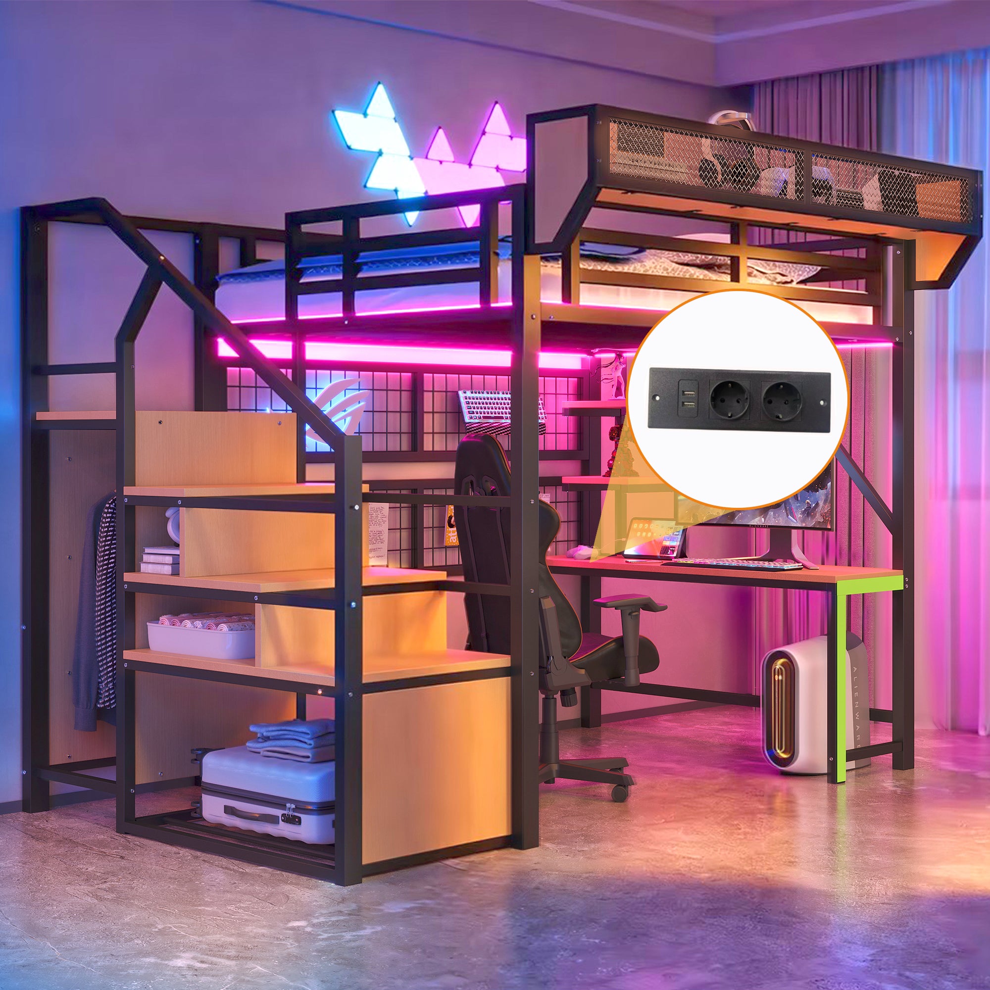 Lit Mezzanine en Métal 140x200 cm avec Bureau, Armoire et Échelle de Rangement, Lit superposé avec LED et Prises, Lit enfant Noir, Sans matelas - 6