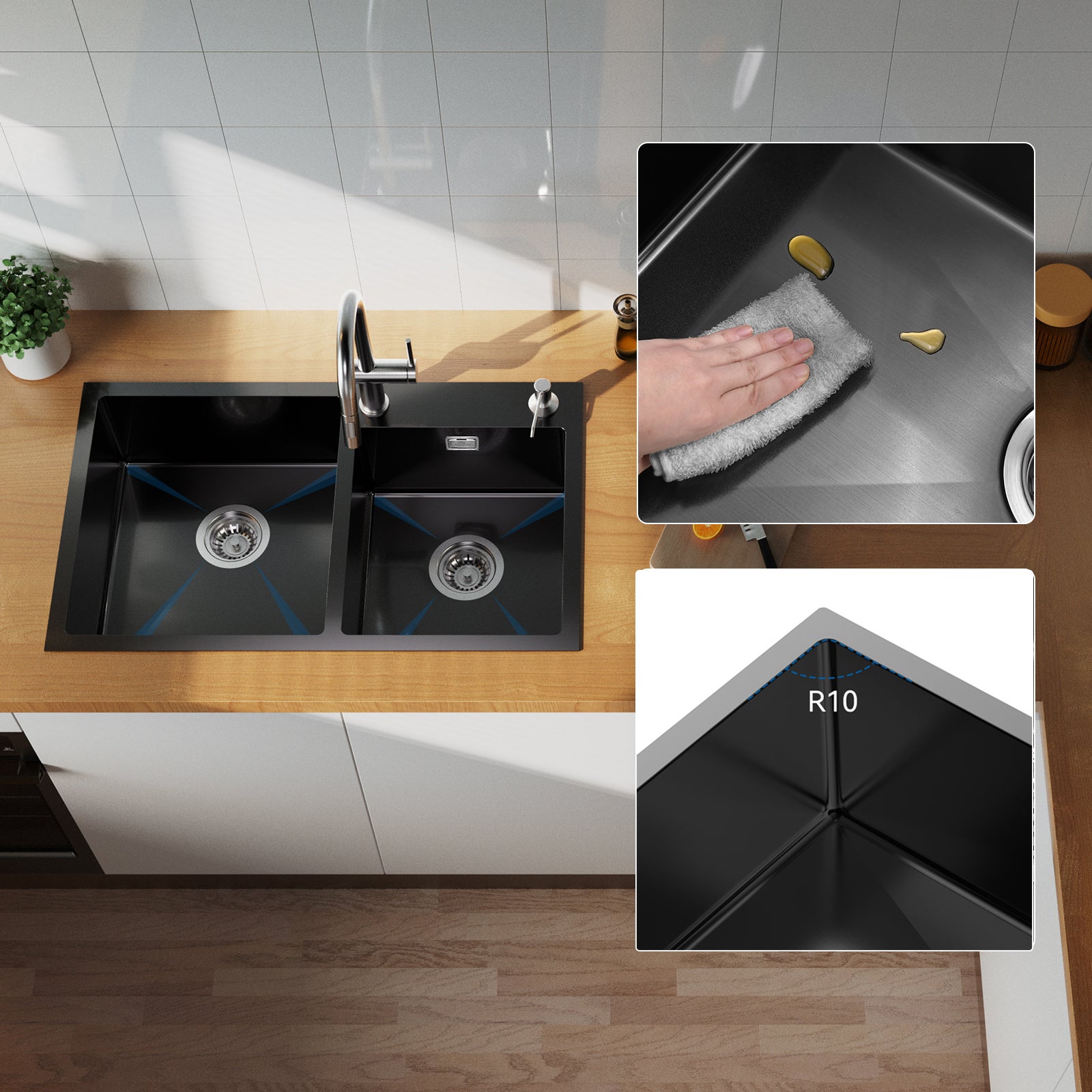 Evier de Cuisine en Inox Évier Double Bac avec 2 Trous de Montage Evier de Cuisine Kit avec Distributeur Savon/ Siphon, 75x45x19cm,Noir - 2